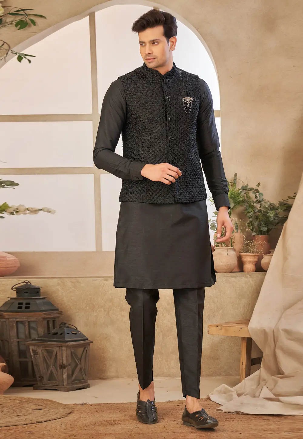 Black Art Silk Kurta Pajama With Jacket 296675