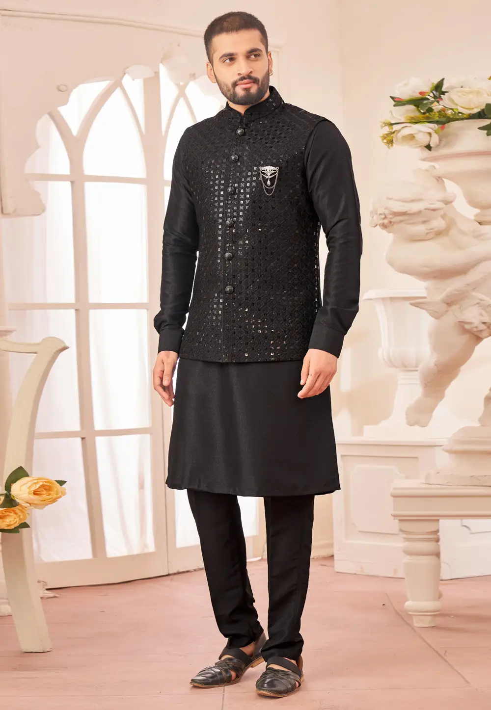 Black Art Silk Kurta Pajama With Jacket 296684