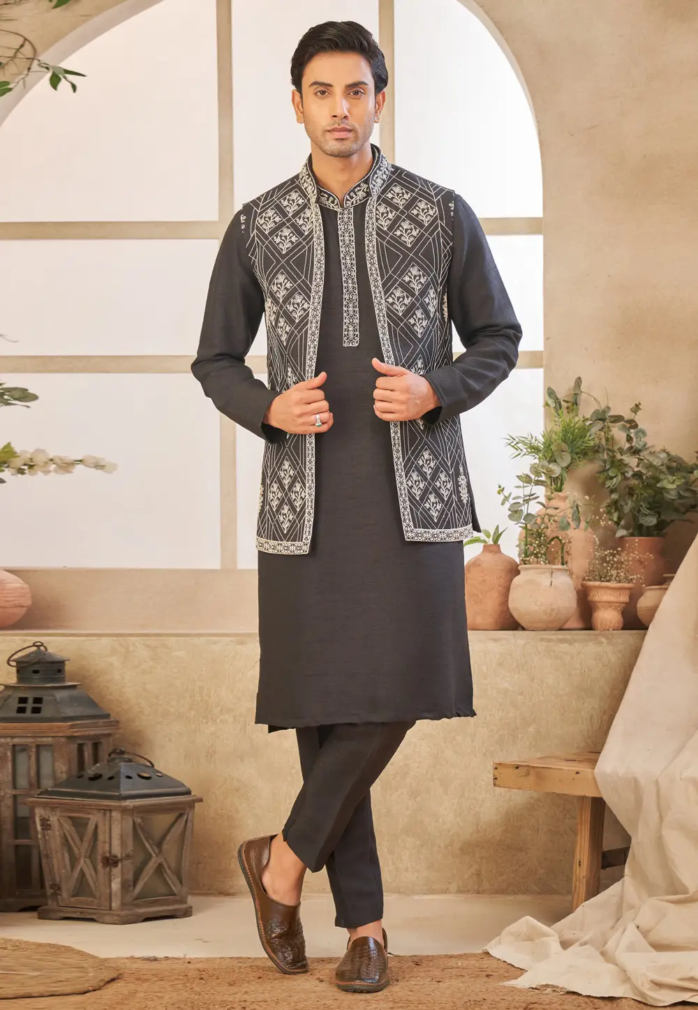 Black Art Silk Kurta Pajama With Jacket 296698