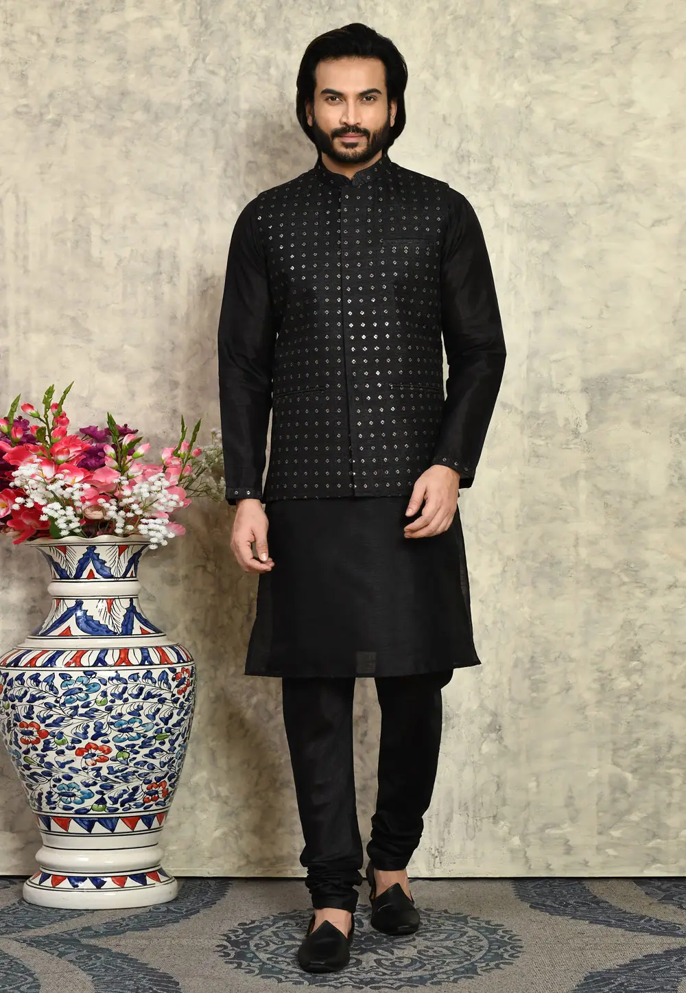 Black Art Silk Kurta Pajama With Jacket 295430