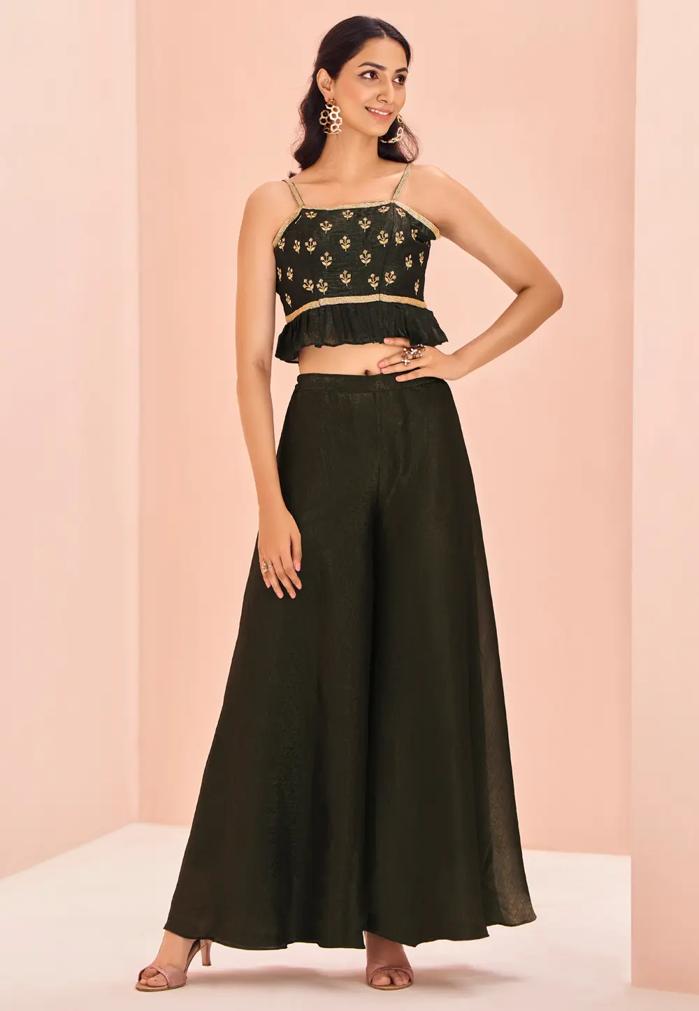 Black Art Silk Palazzo With Crop Top 298459