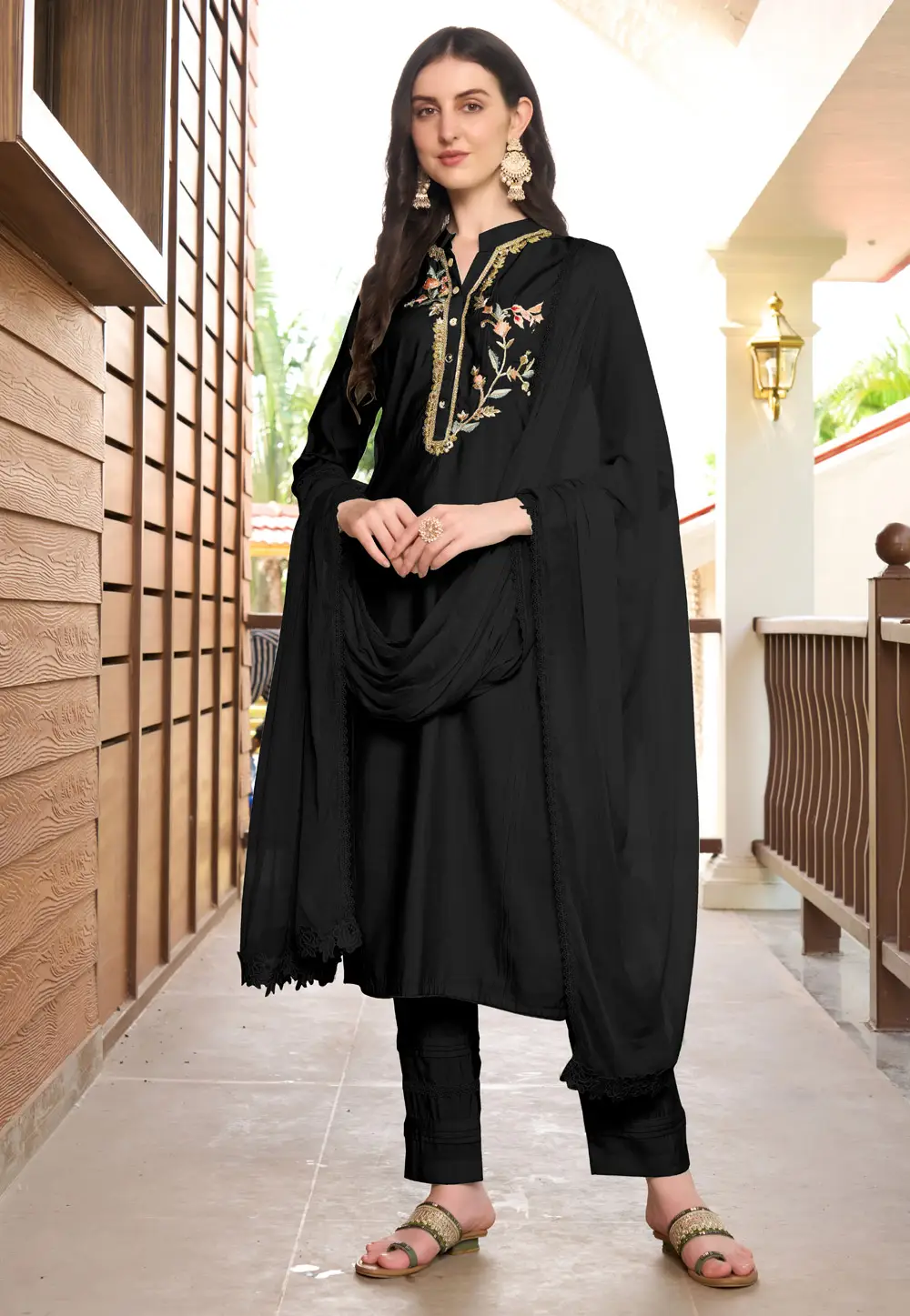 Black Art Silk Readymade Pakistani Suit 296768