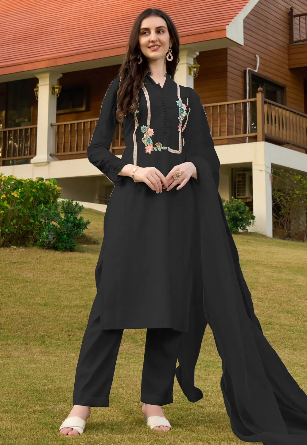 Black Art Silk Readymade Pakistani Suit 303325