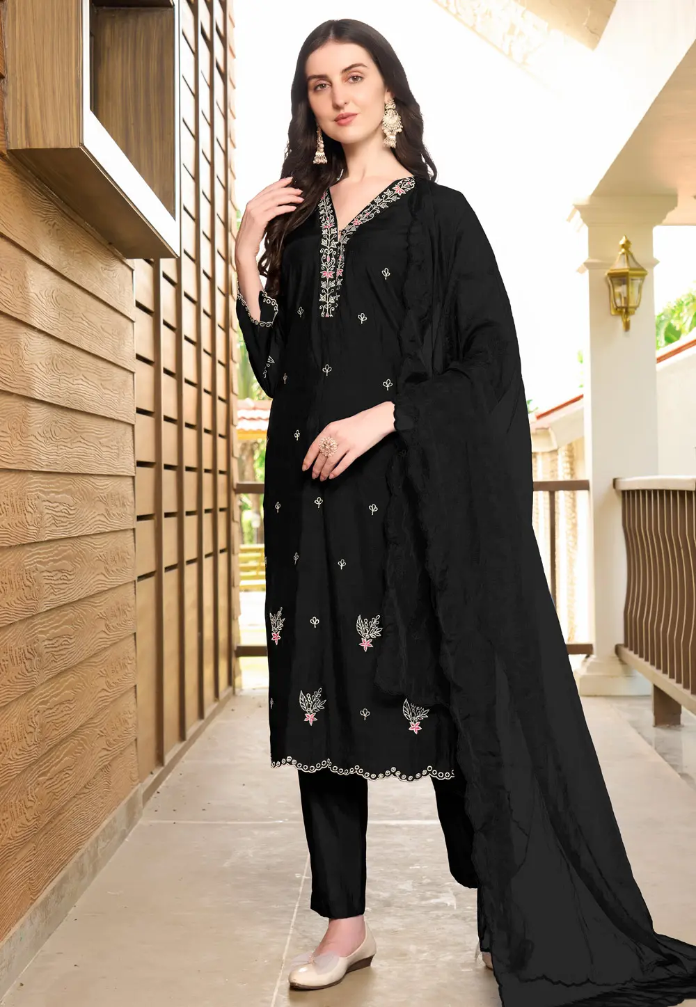 Black Art Silk Readymade Pakistani Suit 303329