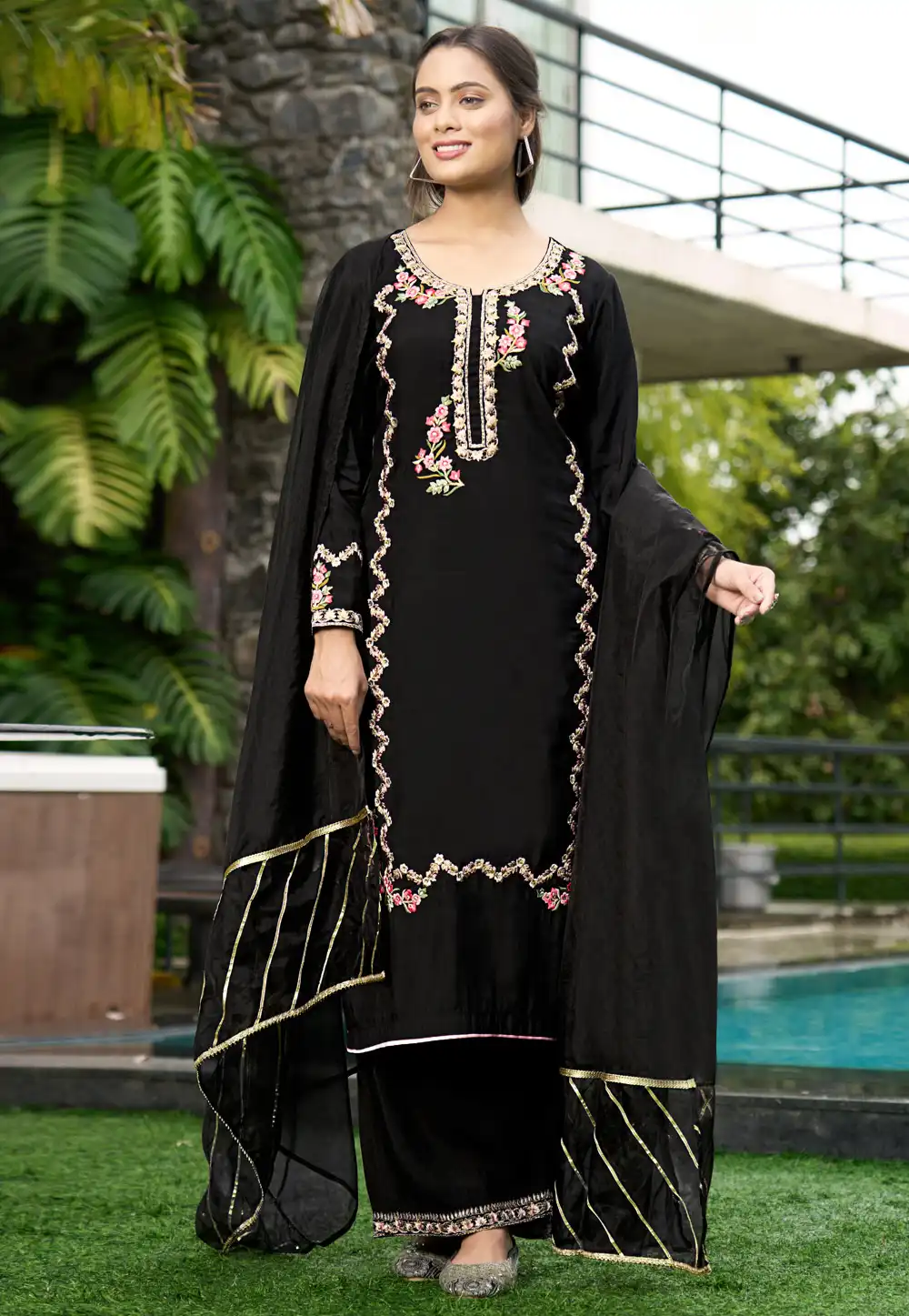 Black Art Silk Readymade Palazzo Suit 293347