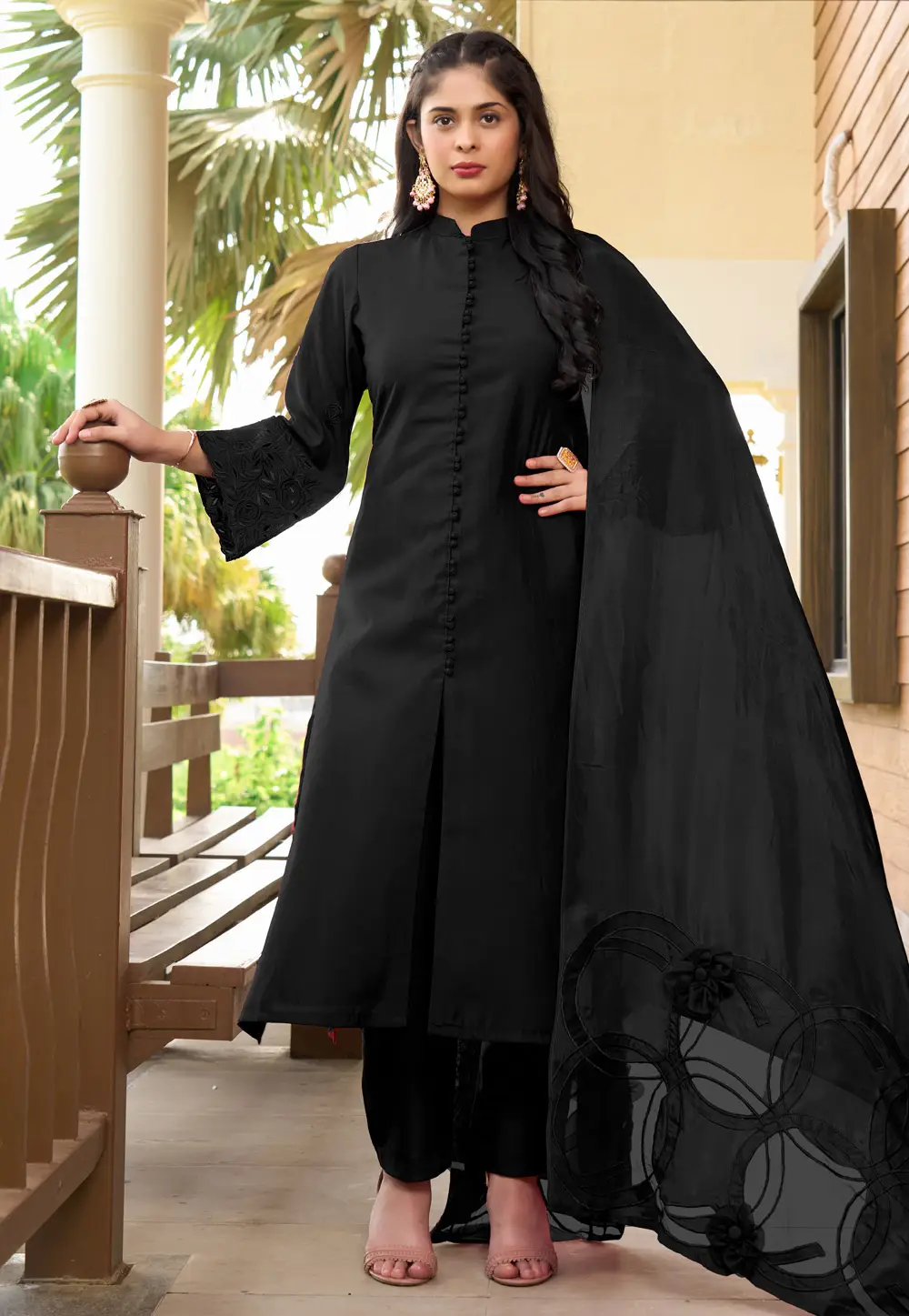 Black Art Silk Readymade Pant Style Suit 296773