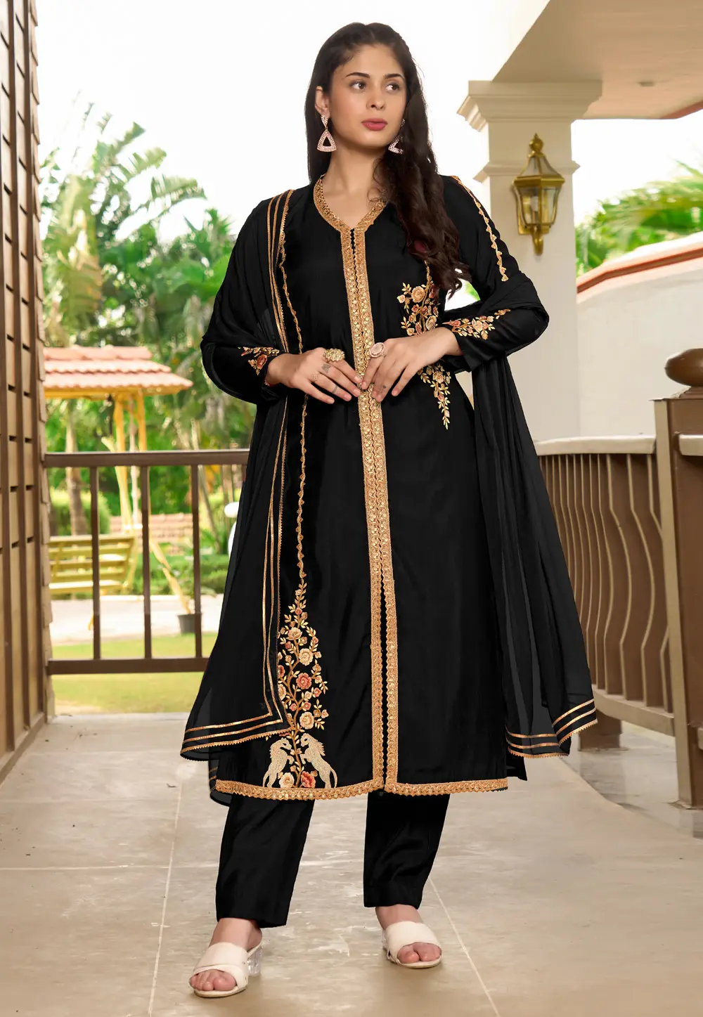 Black Art Silk Readymade Pant Style Suit 296777