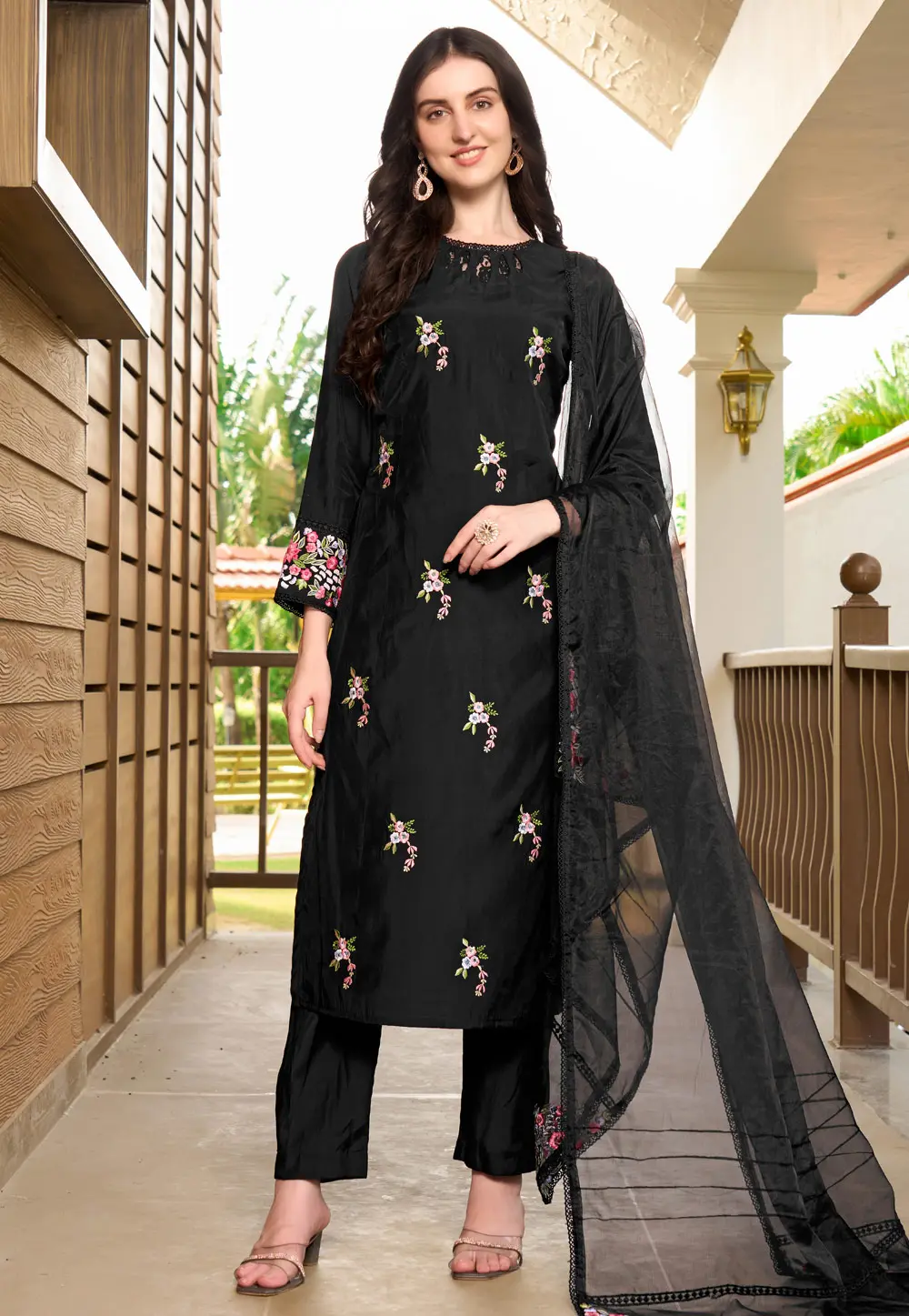 Black Art Silk Readymade Pant Style Suit 303316