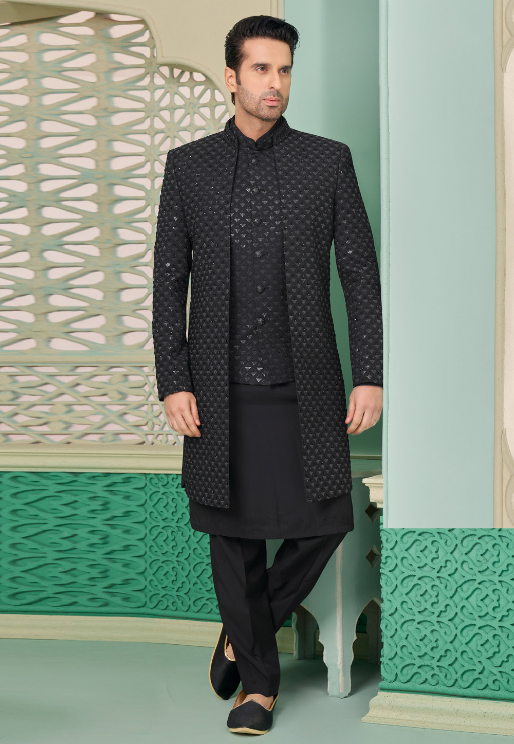 Black Banarasi Silk Jacket Style Sherwani 285336