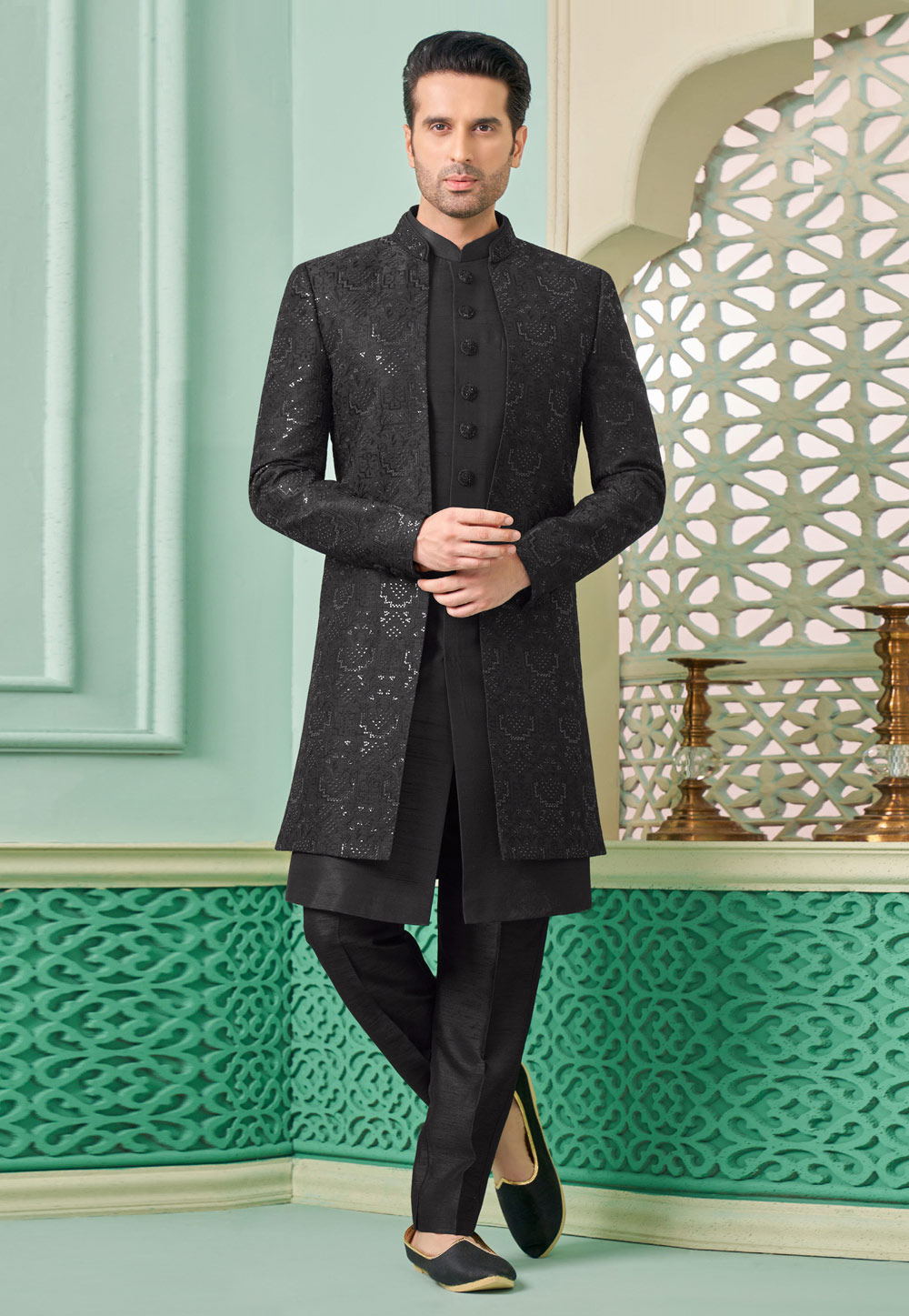 Black Banarasi Silk Jacket Style Sherwani 285338