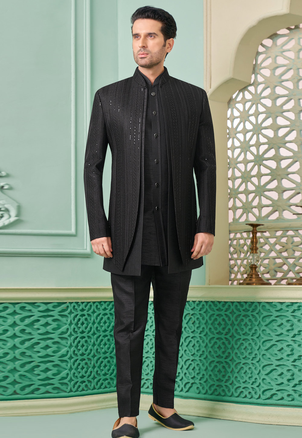 Black Banarasi Silk Jacket Style Sherwani 285339