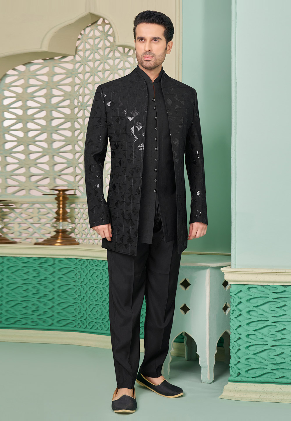 Black Banarasi Silk Jacket Style Sherwani 285340