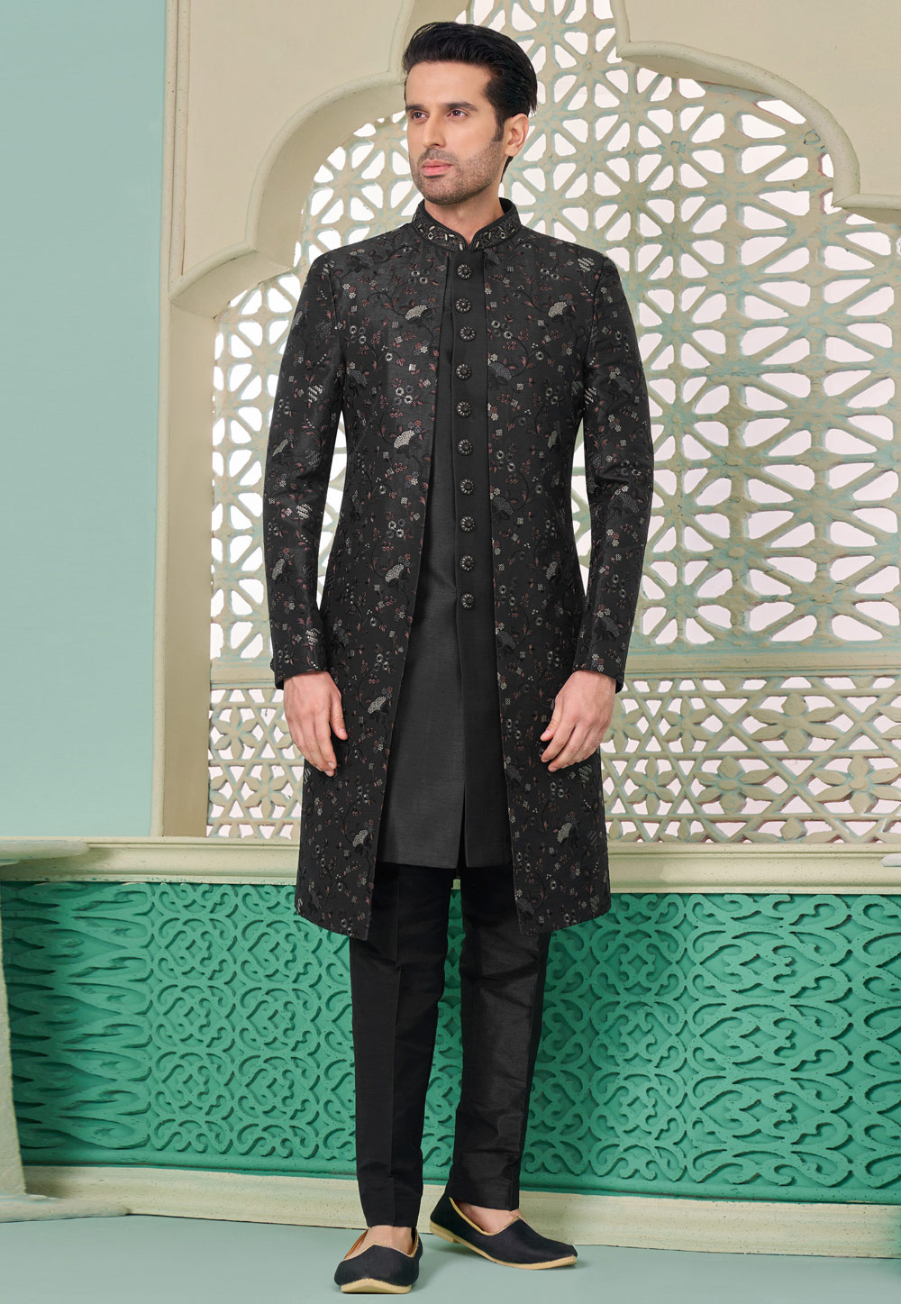 Black Banarasi Silk Jacket Style Sherwani 285348