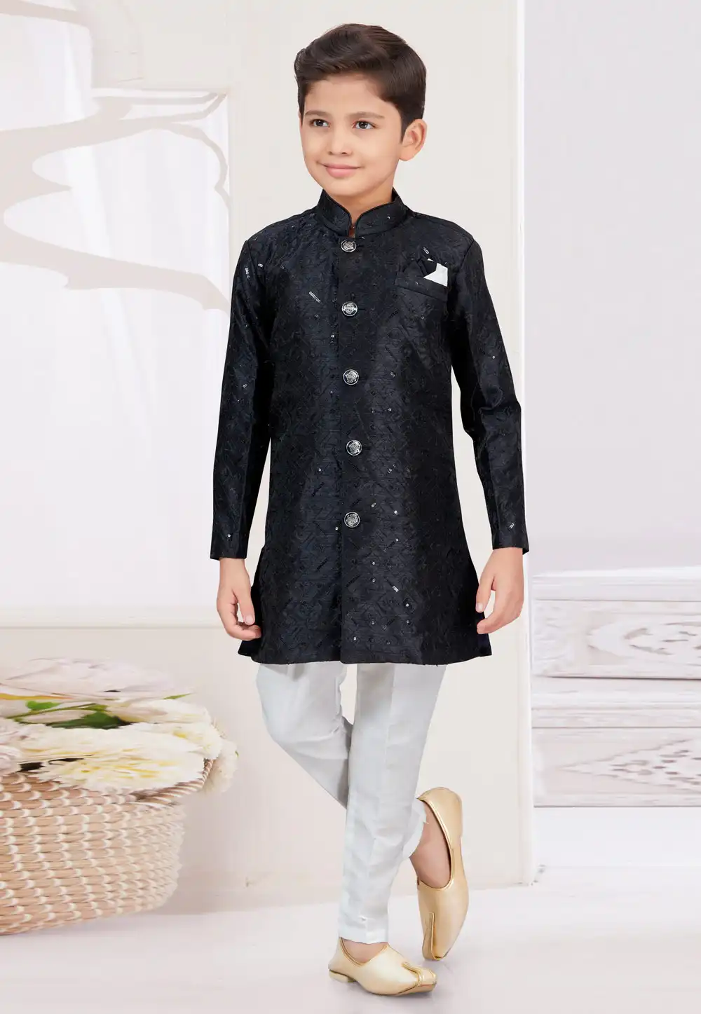 Black Banarasi Silk Kids Indo Western Sherwani 294942