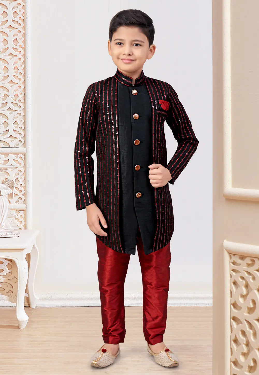 Black Banarasi Silk Kids Indo Western Suit 301318