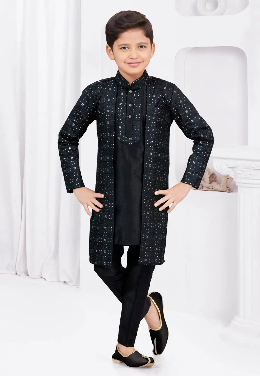 Black Banarasi Silk Kids Indo Western Suit 293007