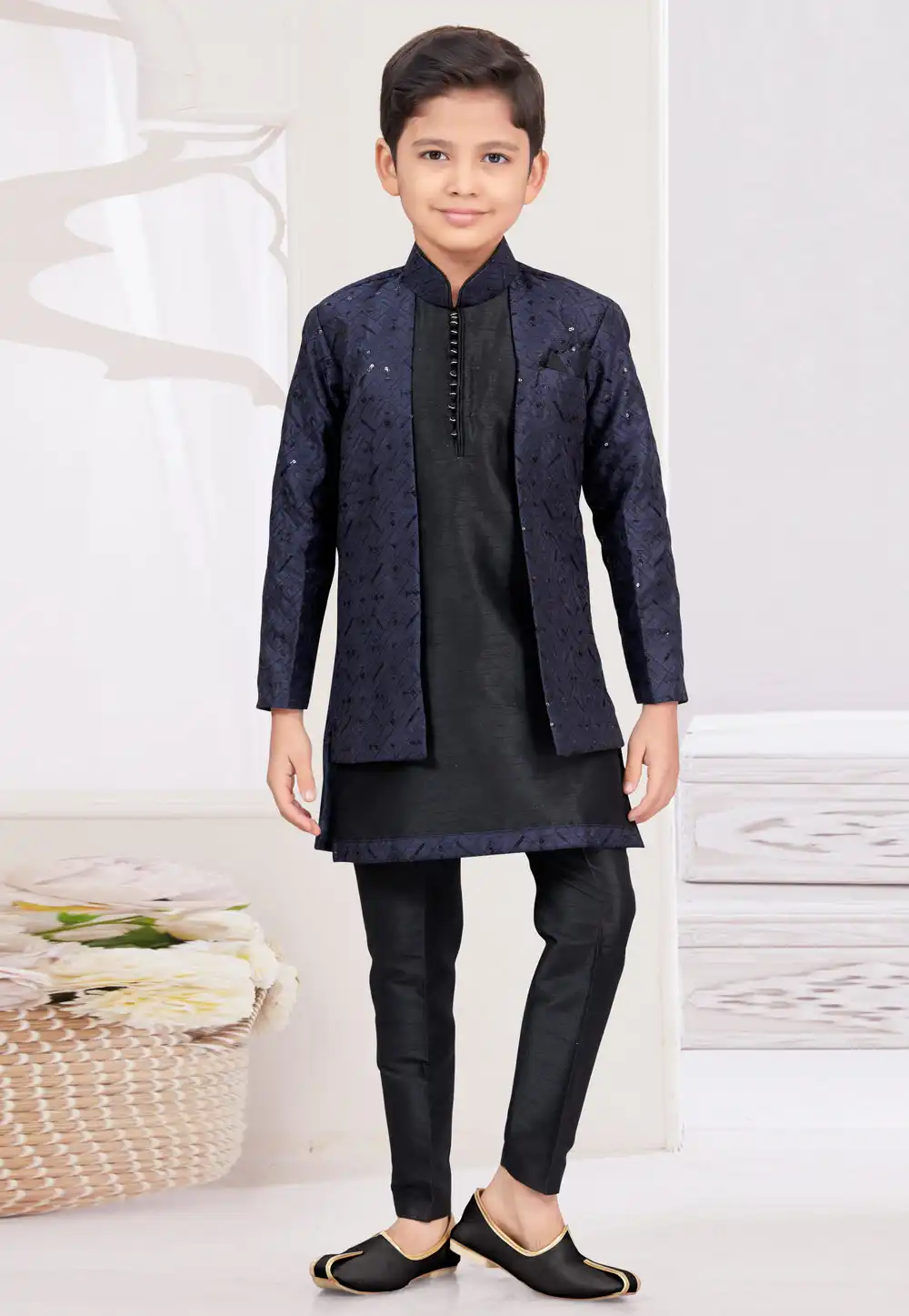 Black Banarasi Silk Kids Indo Western Suit 294948