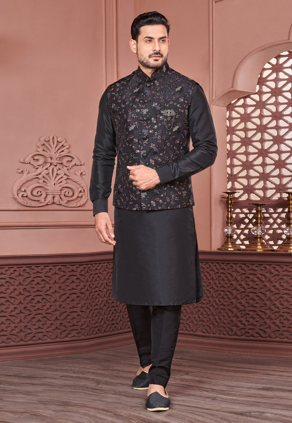 Black Banarasi Silk Kurta Pajama With Jacket 278250