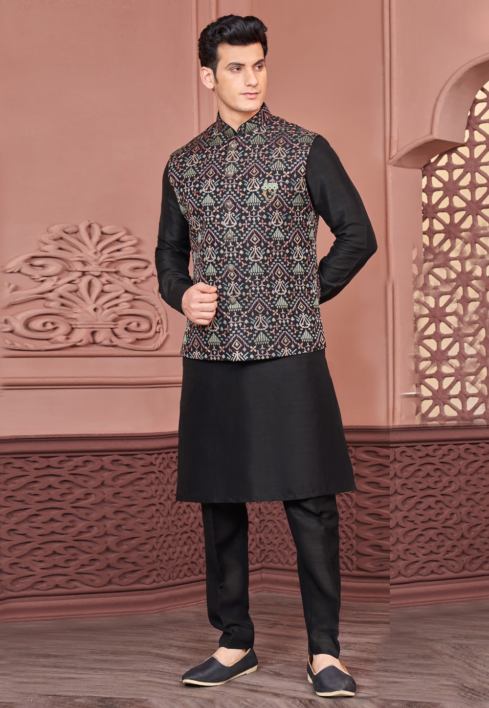 Black Banarasi Silk Kurta Pajama With Jacket 278255