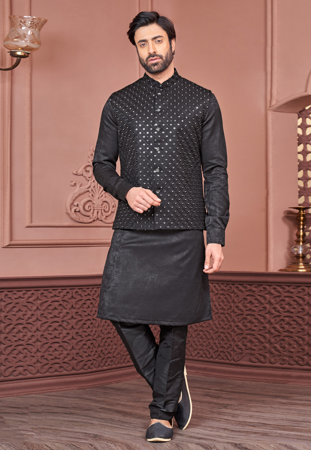 Black Banarasi Silk Kurta Pajama With Jacket 278274