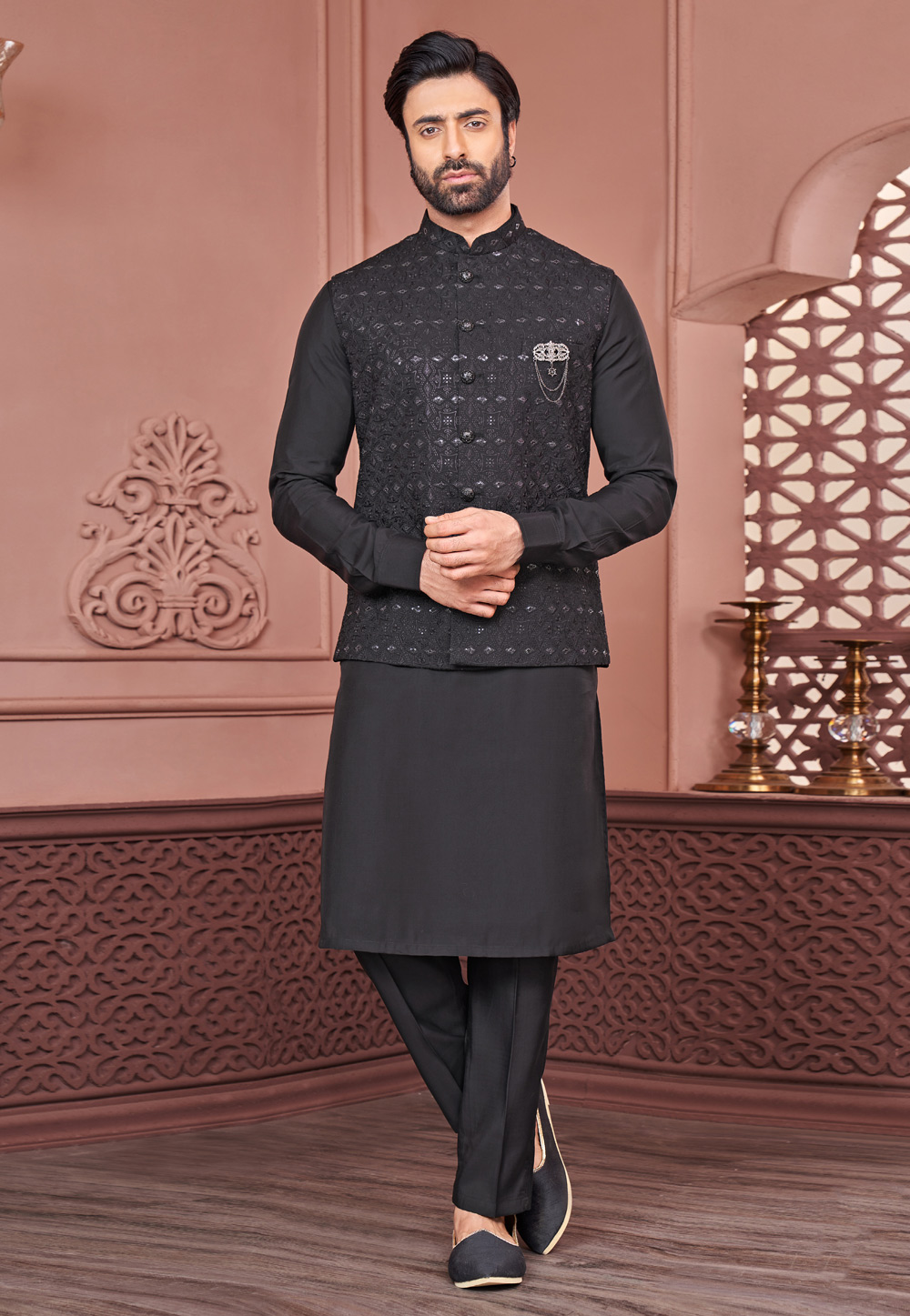 Black Banarasi Silk Kurta Pajama With Jacket 278277