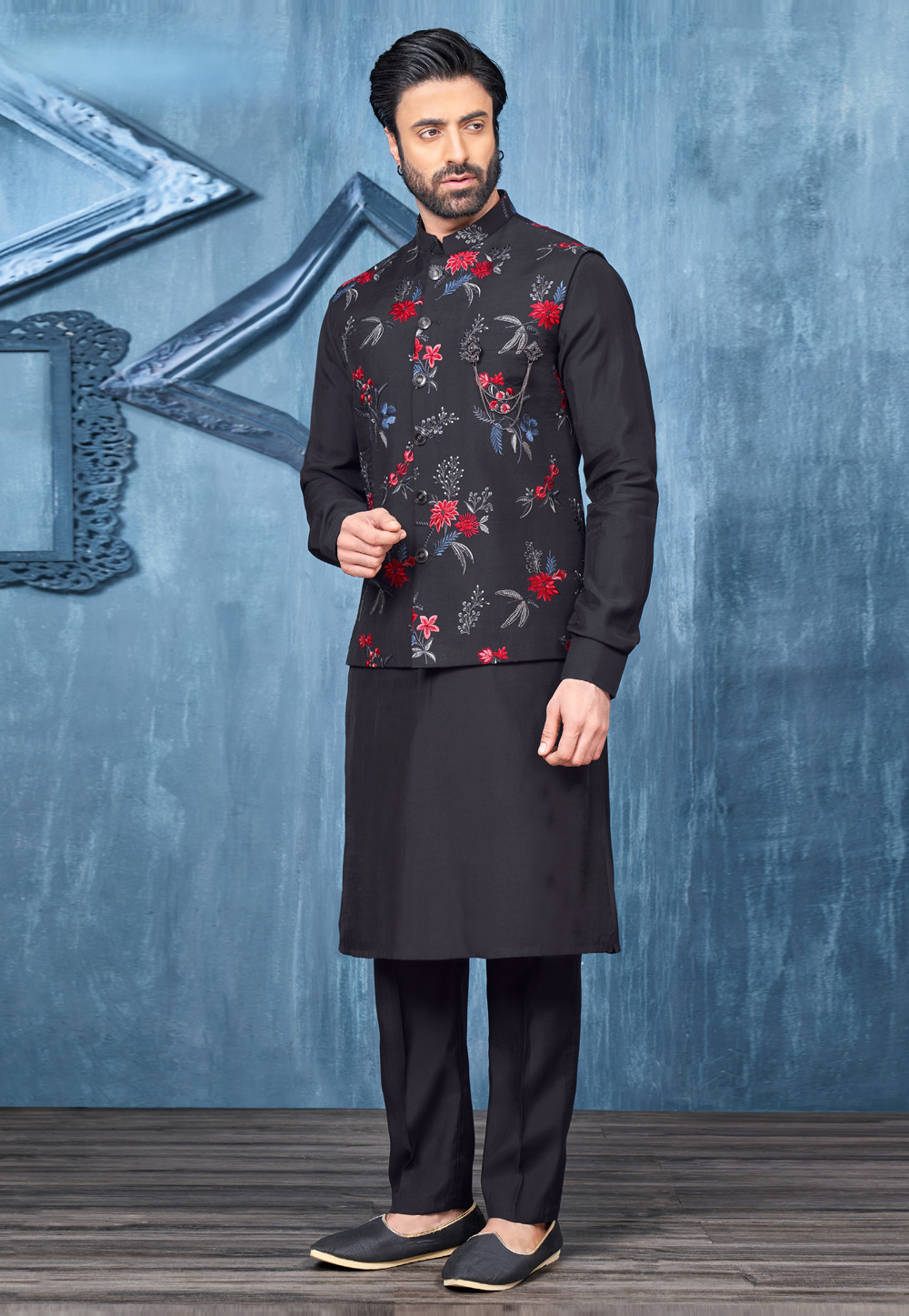Black Banarasi Silk Kurta Pajama With Jacket 278280