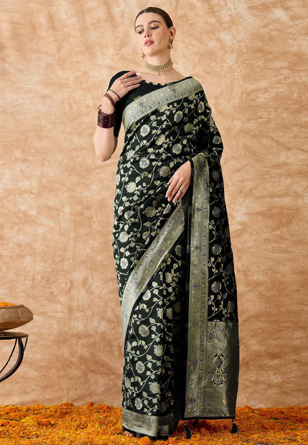 Black Banarasi Silk Saree With Blouse 301495