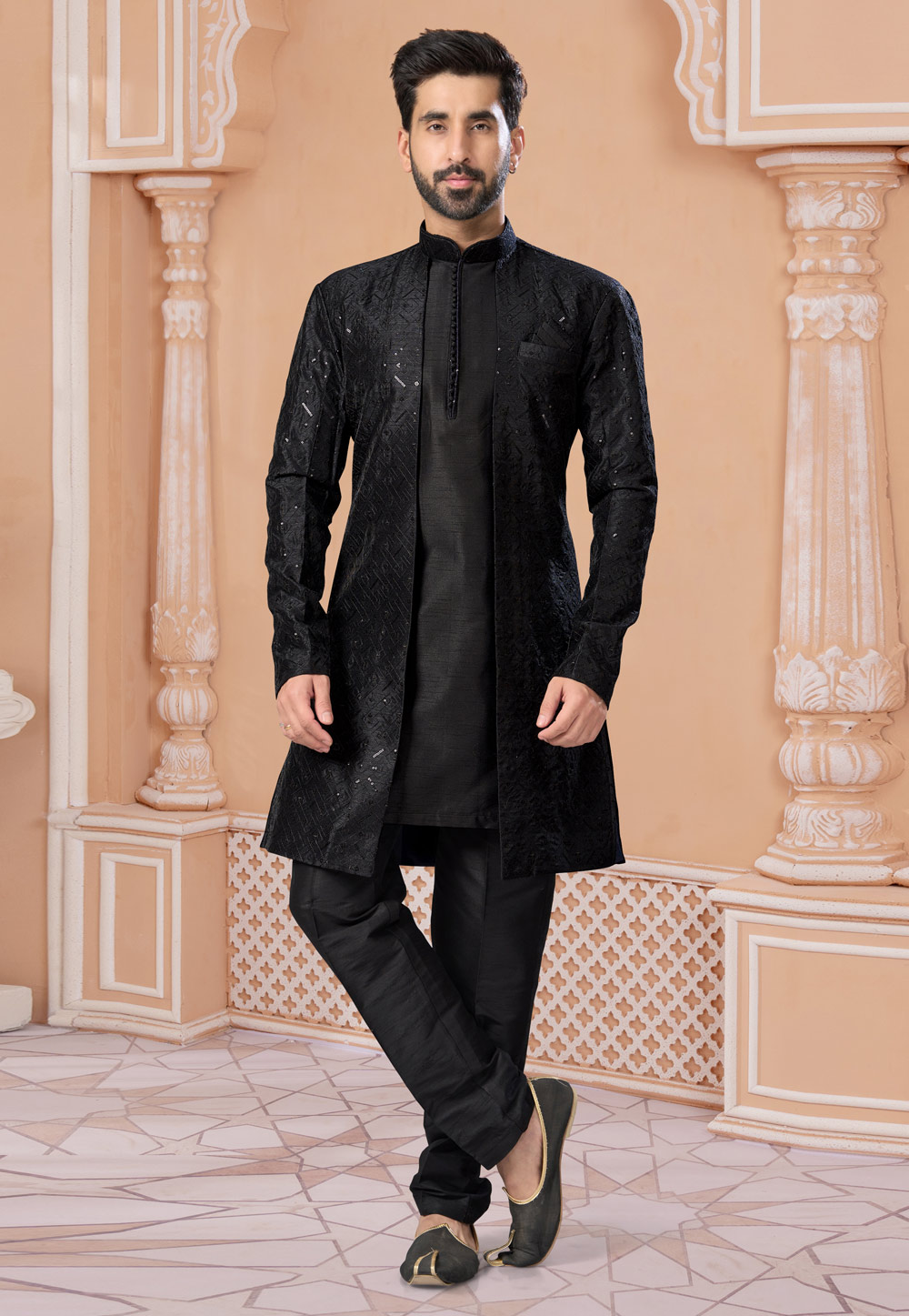 Black Banglori Silk Jacket Style Sherwani 282231