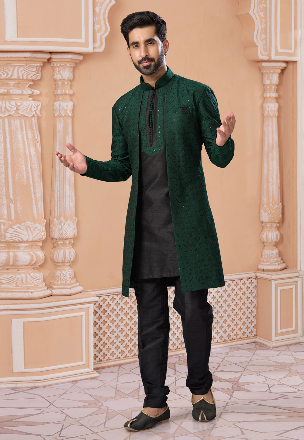 Black Banglori Silk Jacket Style Sherwani 282236