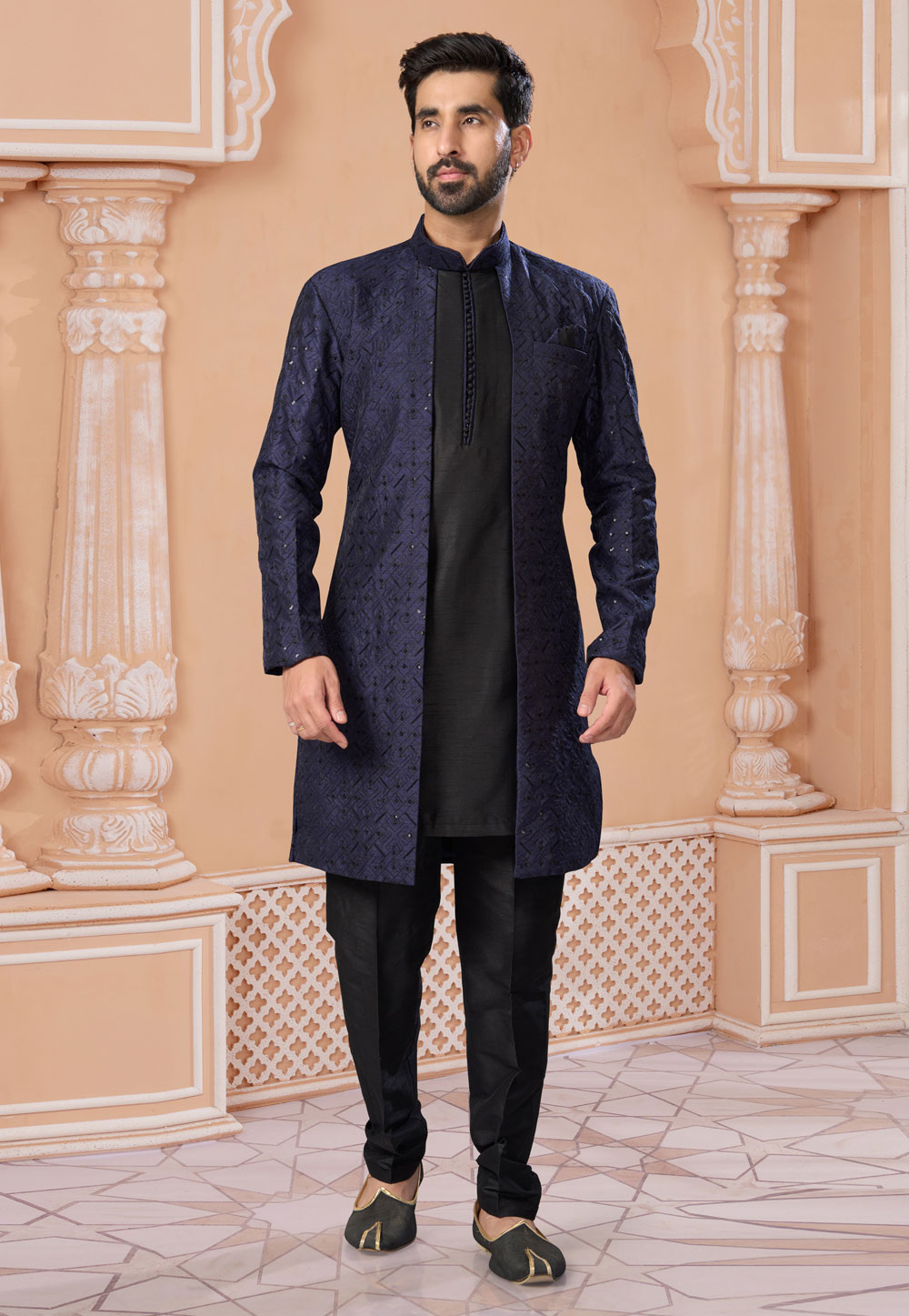 Black Banglori Silk Jacket Style Sherwani 282238
