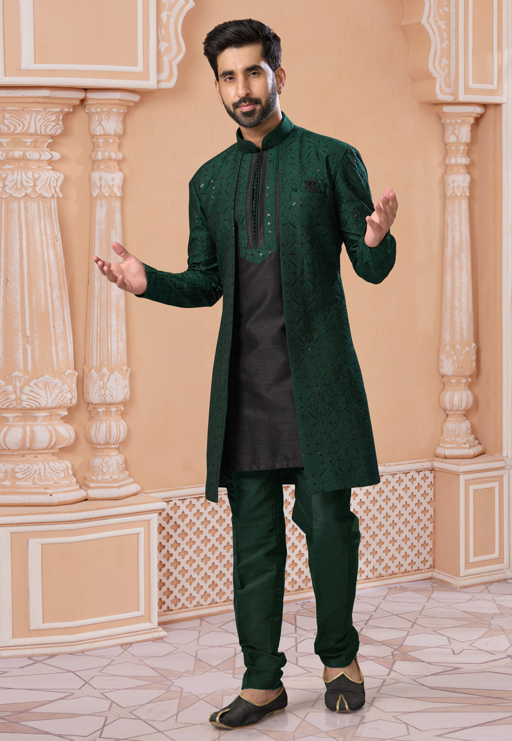 Black Banglori Silk Jacket Style Sherwani 282265