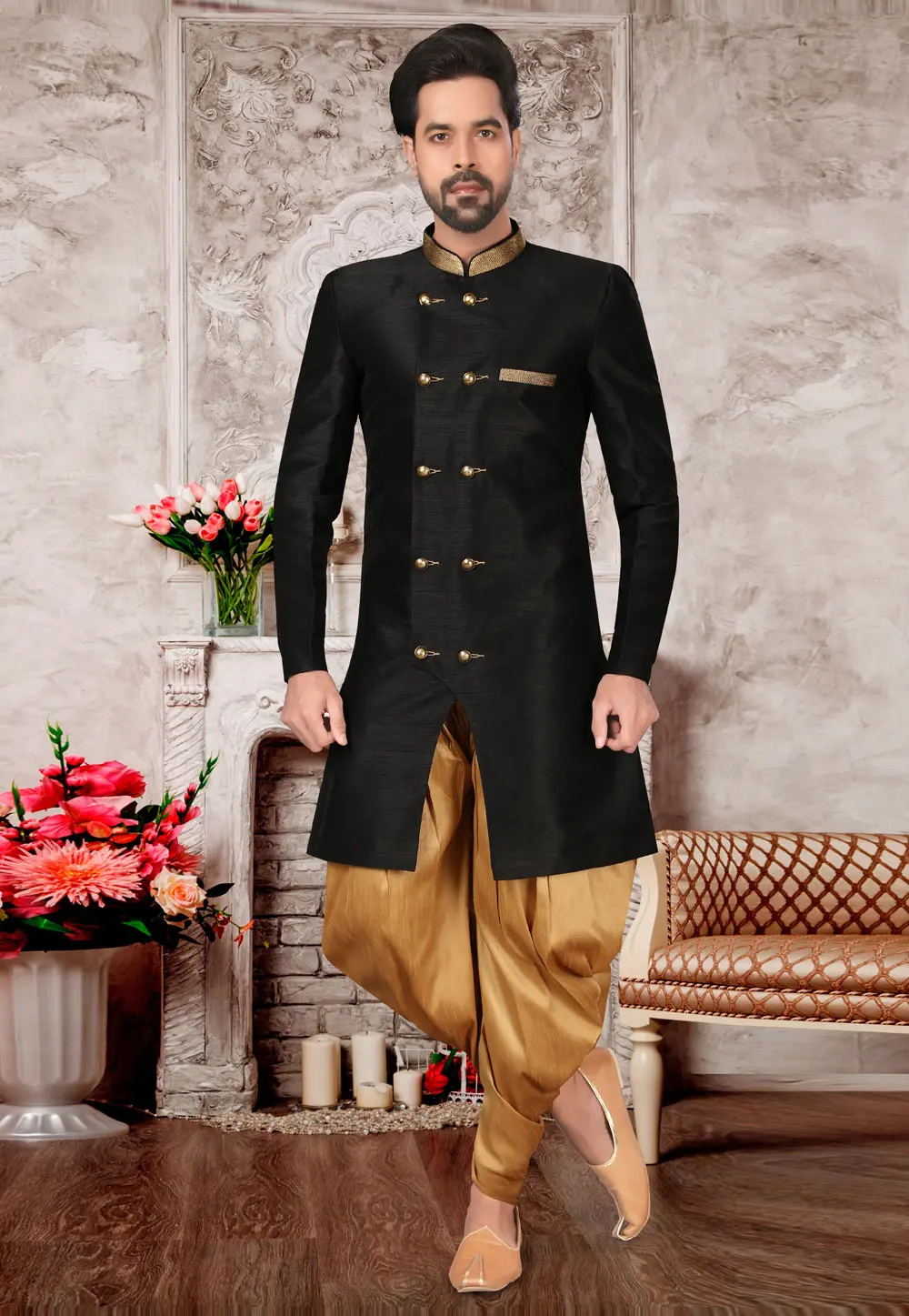 Black Brocade Silk Indo Western Suit 302962