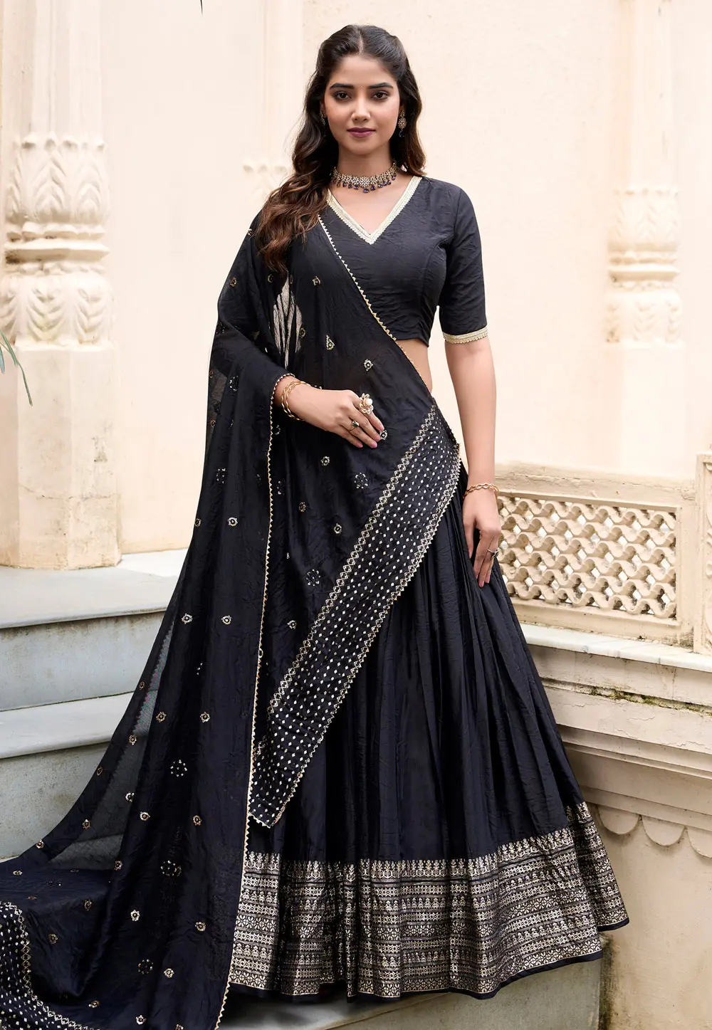 Black Chanderi Circular Lehenga Choli 299303