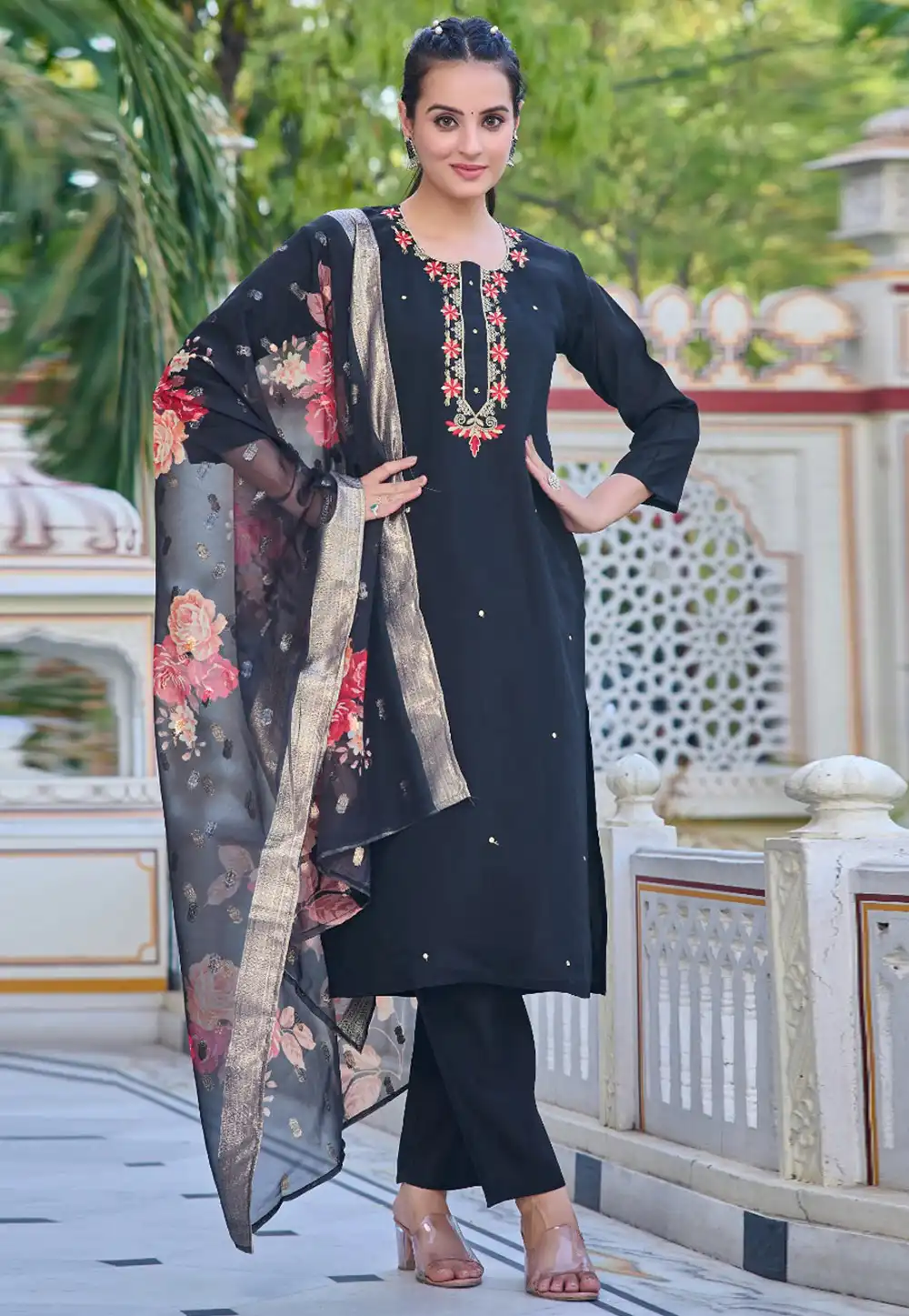 Black Chanderi Readymade Pant Style Suit 291502