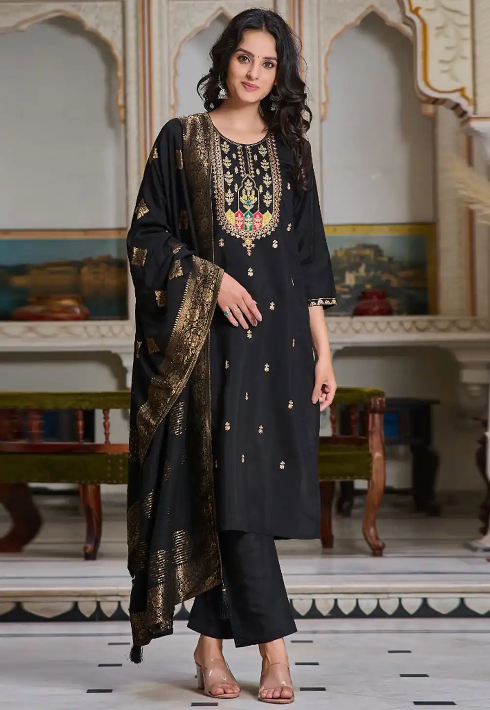 Black Chanderi Readymade Pant Style Suit 291504