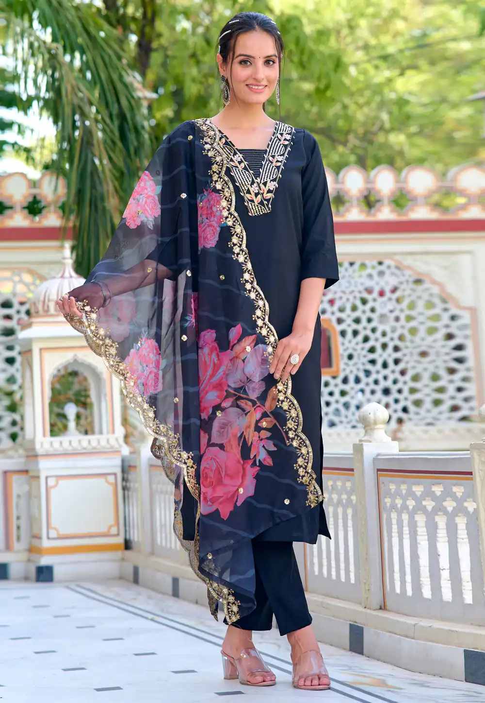 Black Chanderi Readymade Pant Style Suit 289858