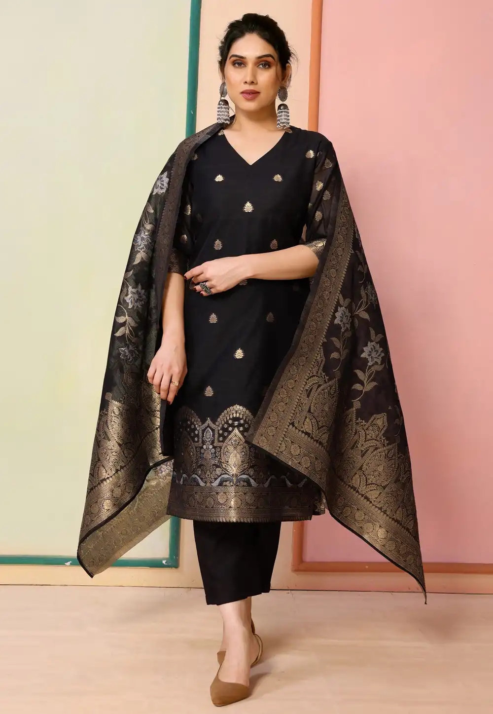 Black Chanderi Readymade Pant Style Suit 291619