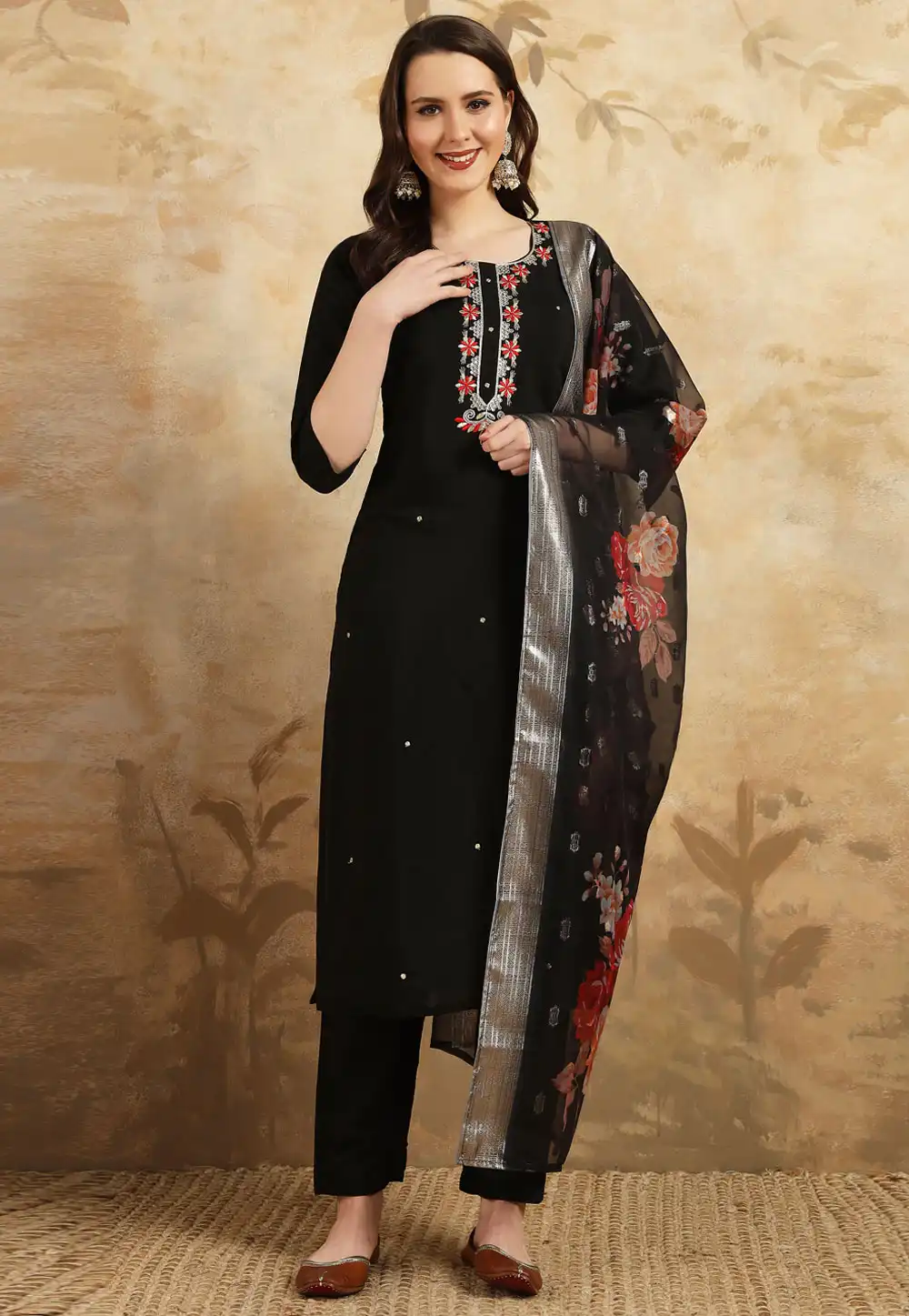 Black Chanderi Readymade Pant Style Suit 293967