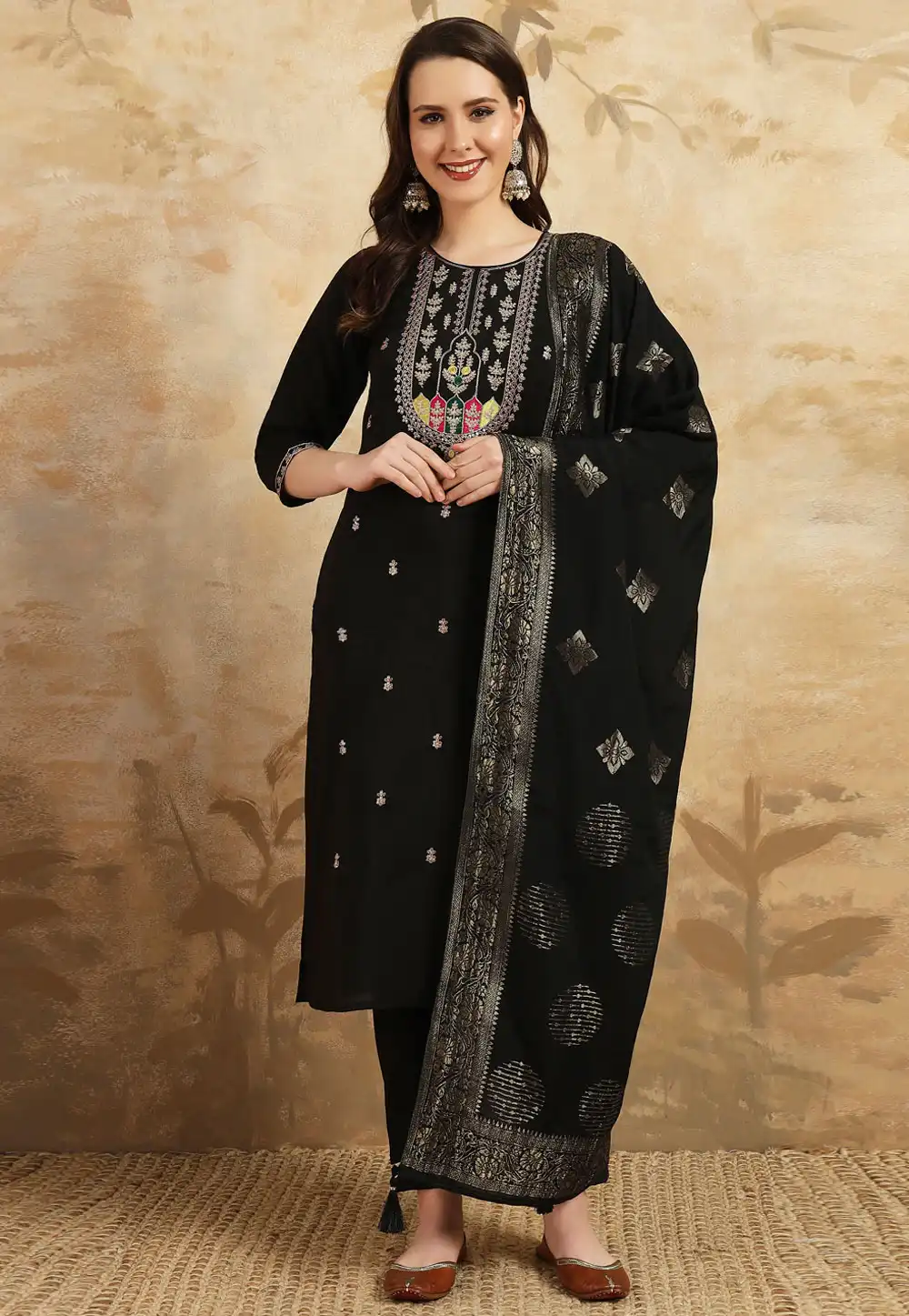 Black Chanderi Readymade Pant Style Suit 293969