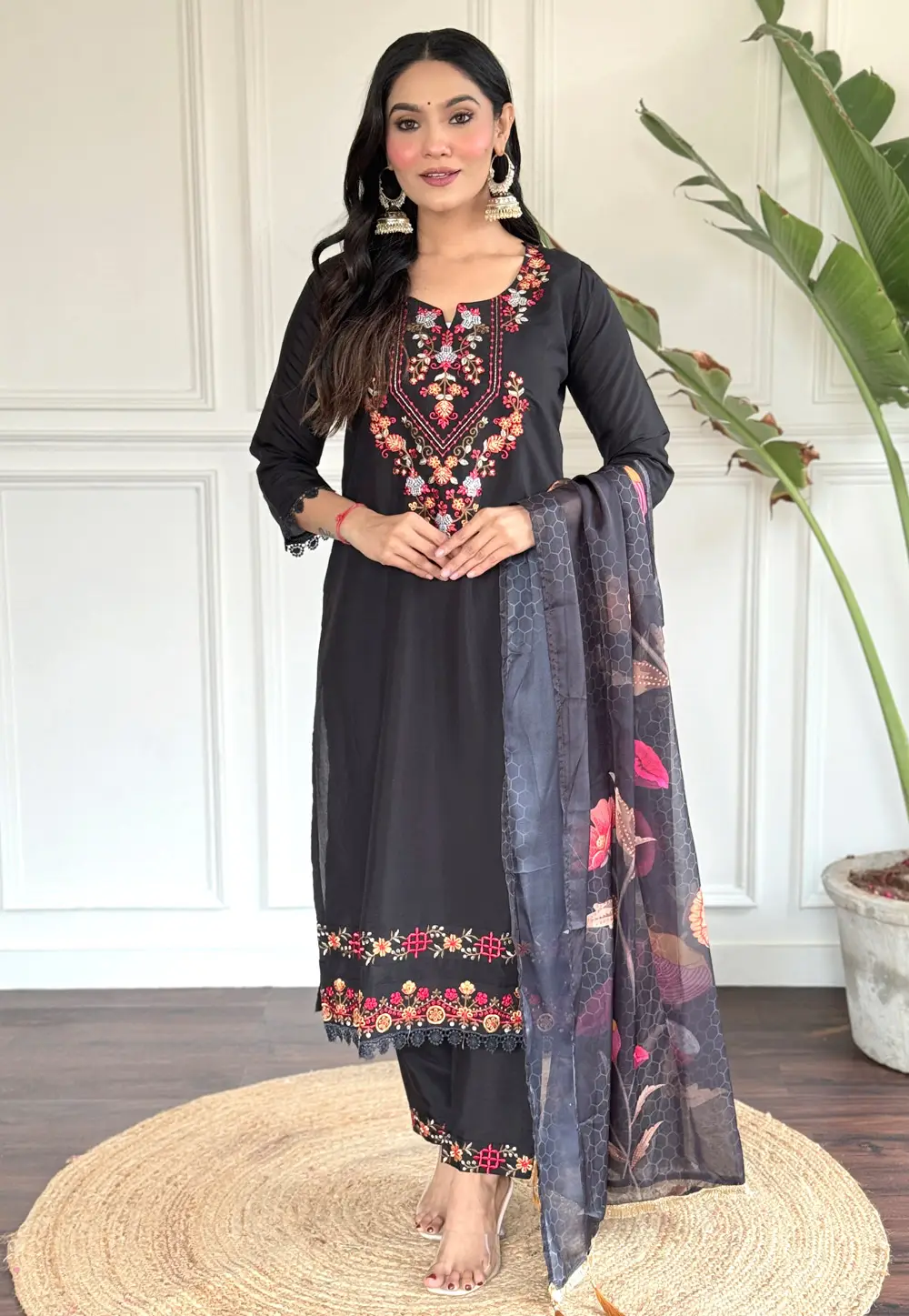 Black Chanderi Readymade Pant Style Suit 295370