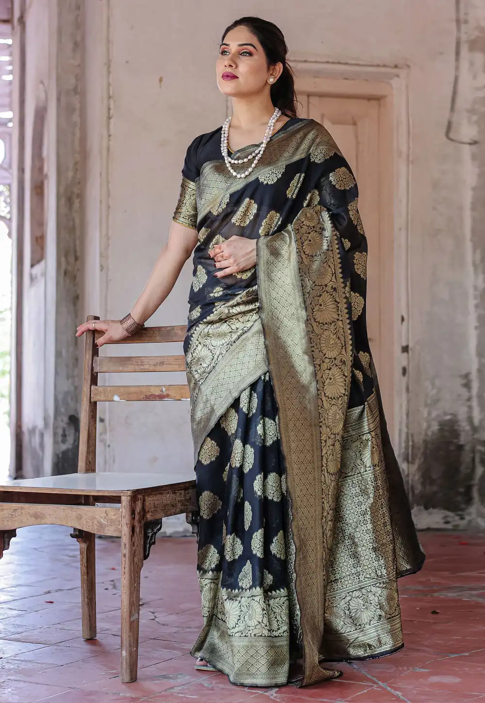 Black Chanderi Silk Saree With Blouse 291279