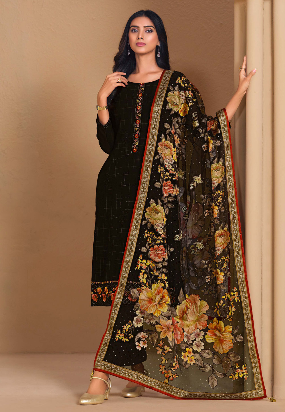 Black Chinon Chiffon Pant Style Suit 310636