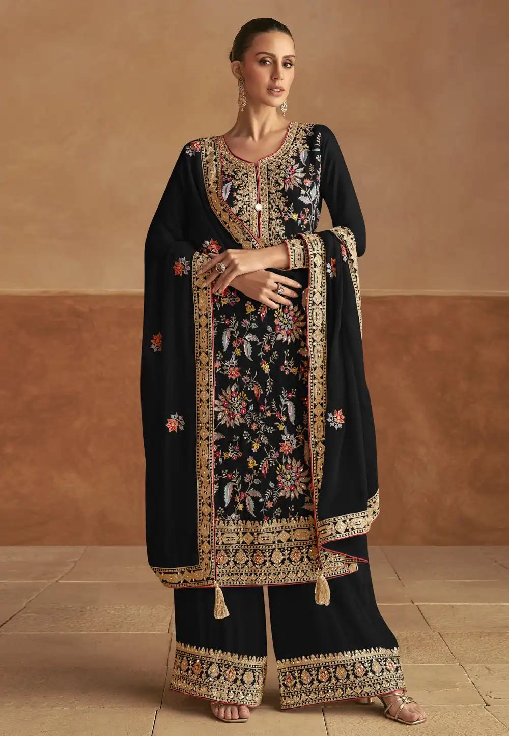 Black Chinon Embroidered Pakistani Suit 294708