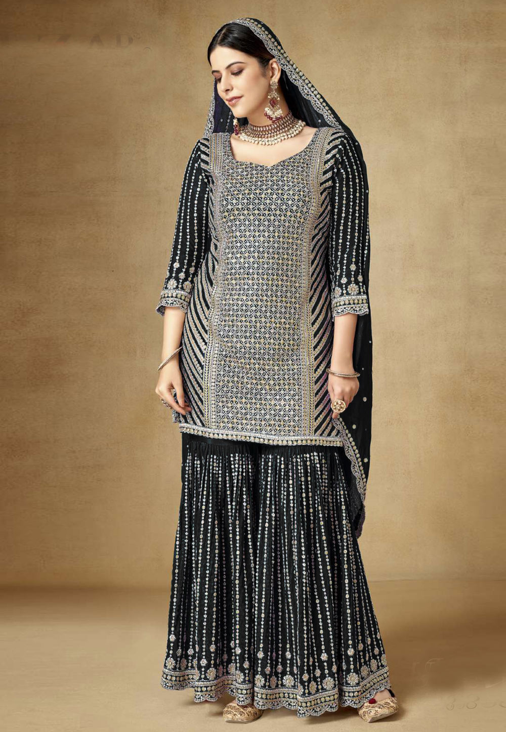 Black Chinon Embroidered Sharara Suit 283068