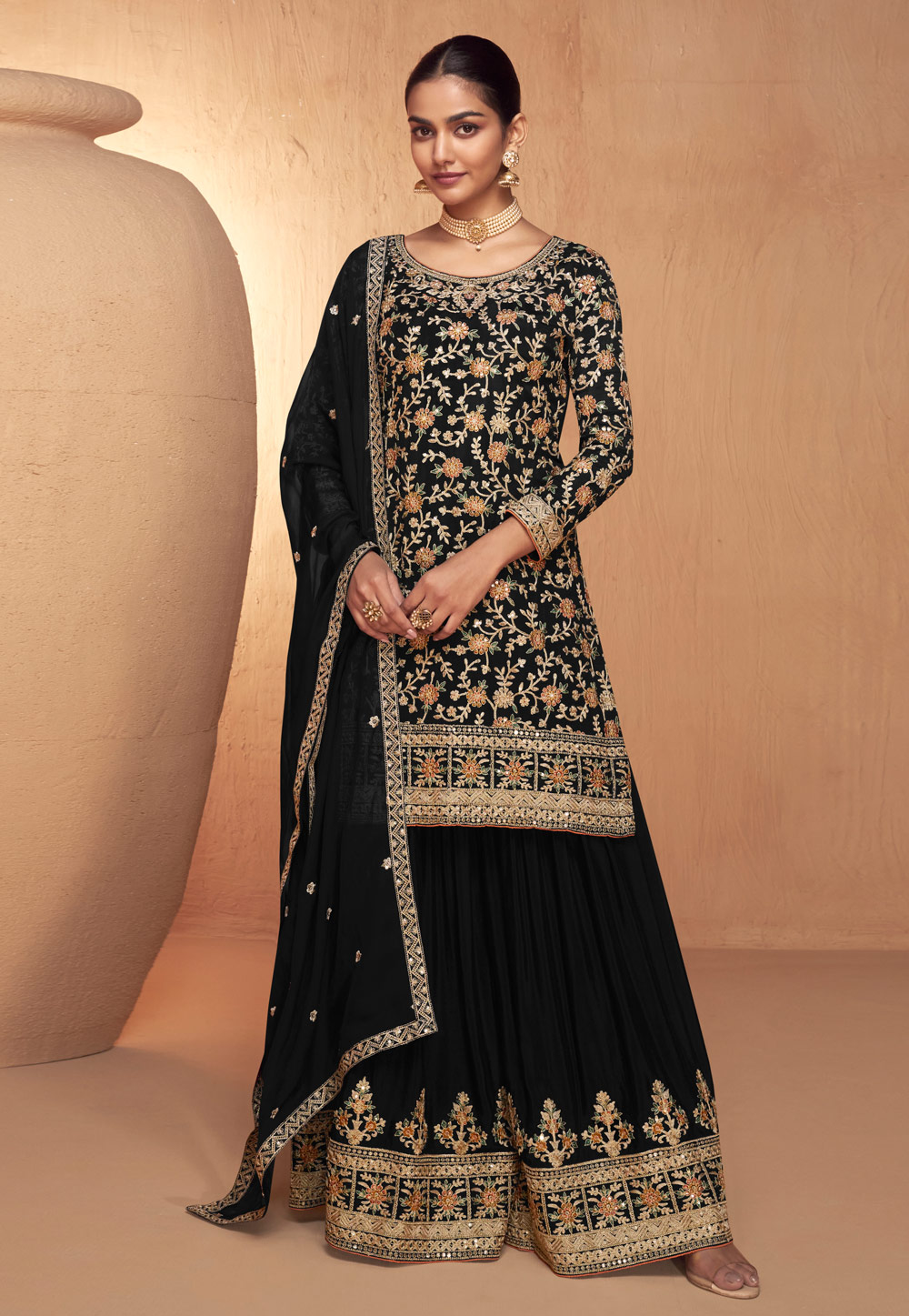 Black Chinon Embroidered Sharara Suit 285841