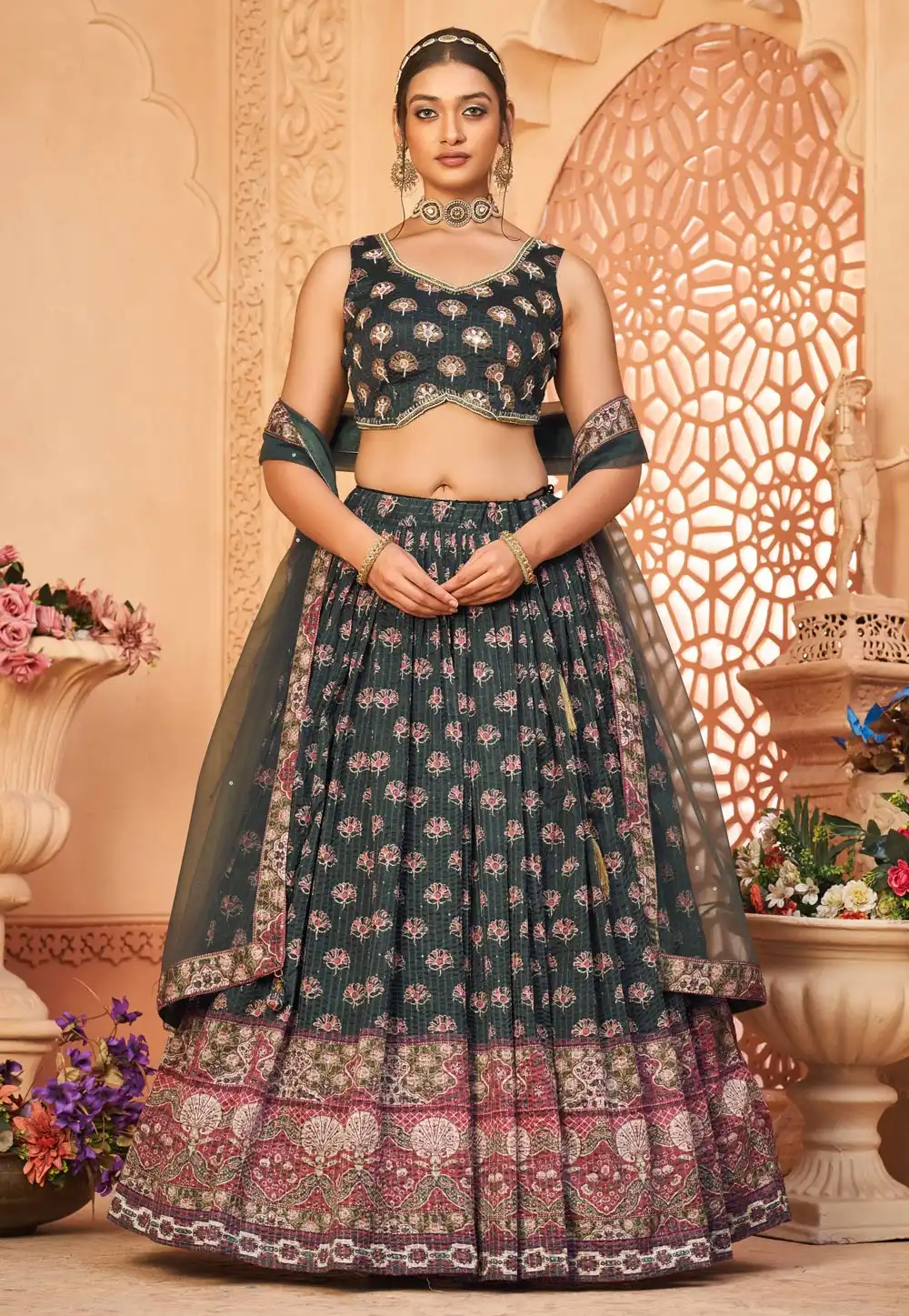 Black Chinon Floral Lehenga choli 293361