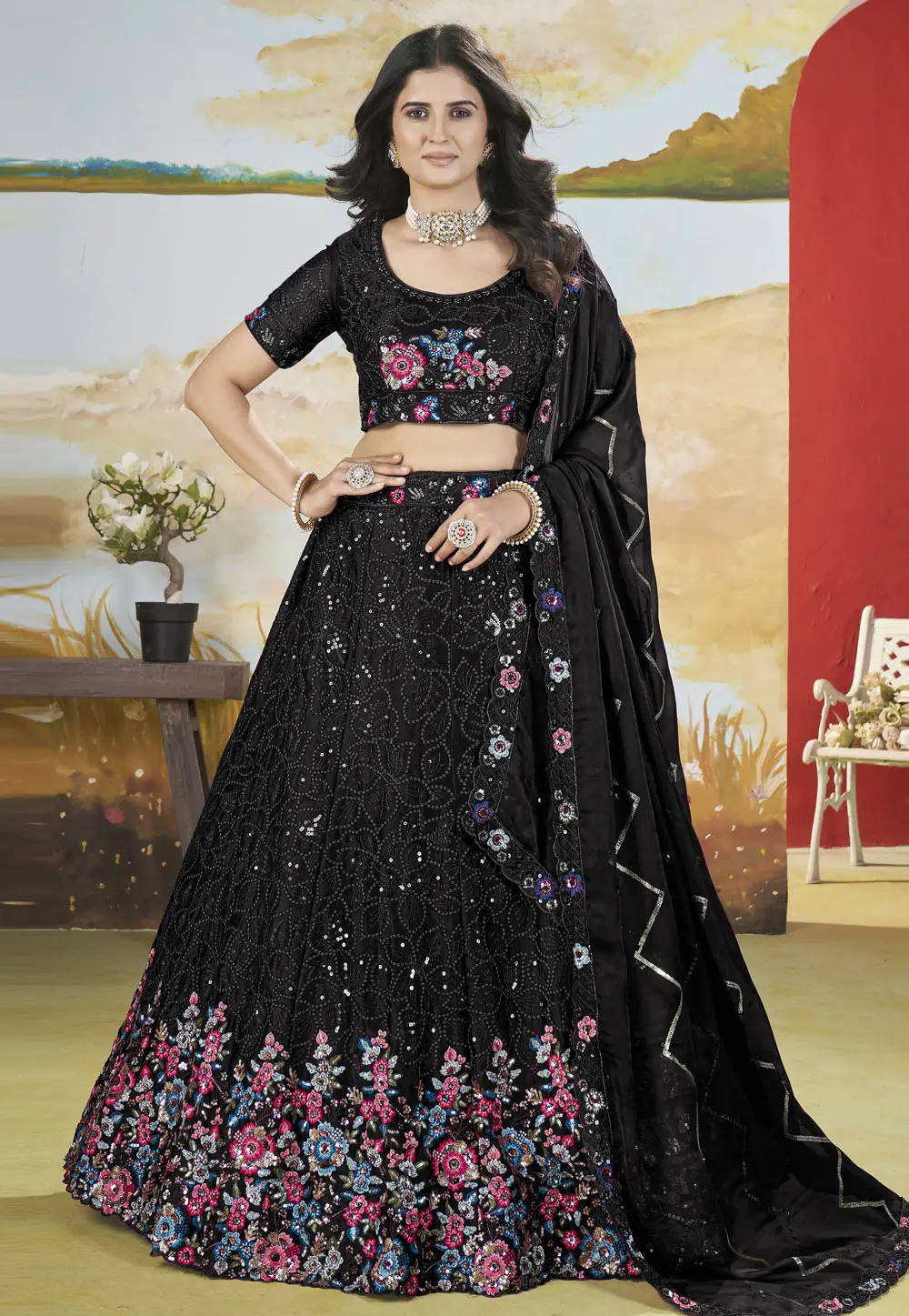 Black Chinon Lehenga Choli 302927