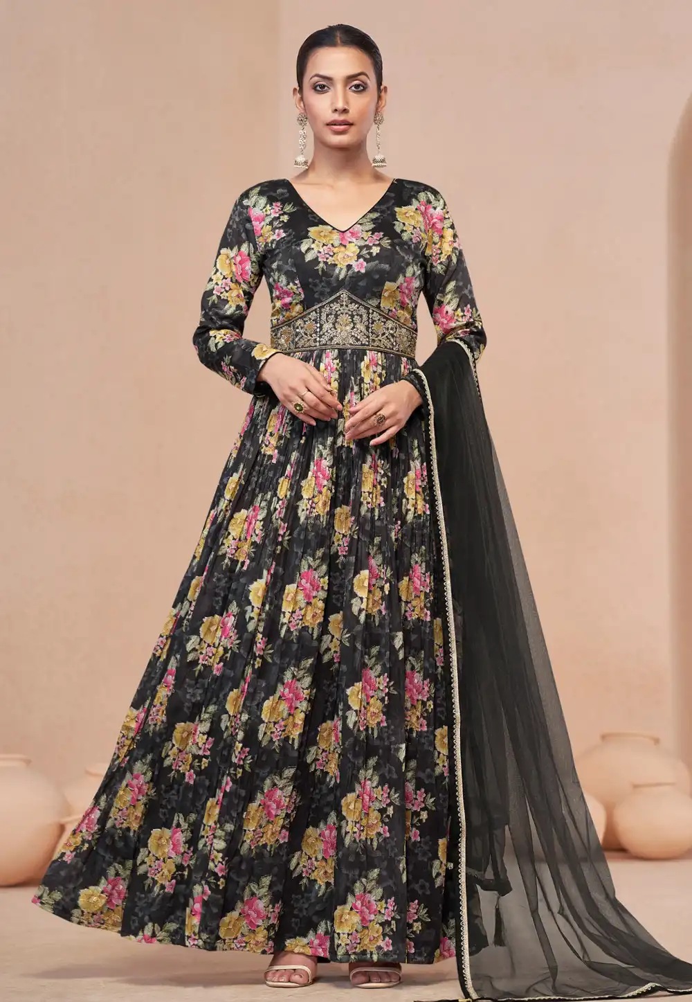 Black Chinon Long Anarkali Suit 290321