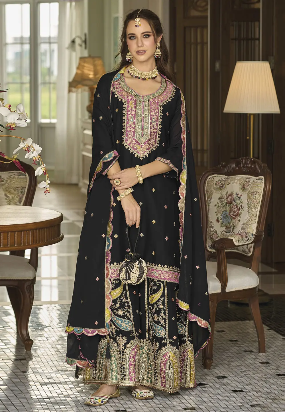 Black Chinon Pakistani Suit 302346