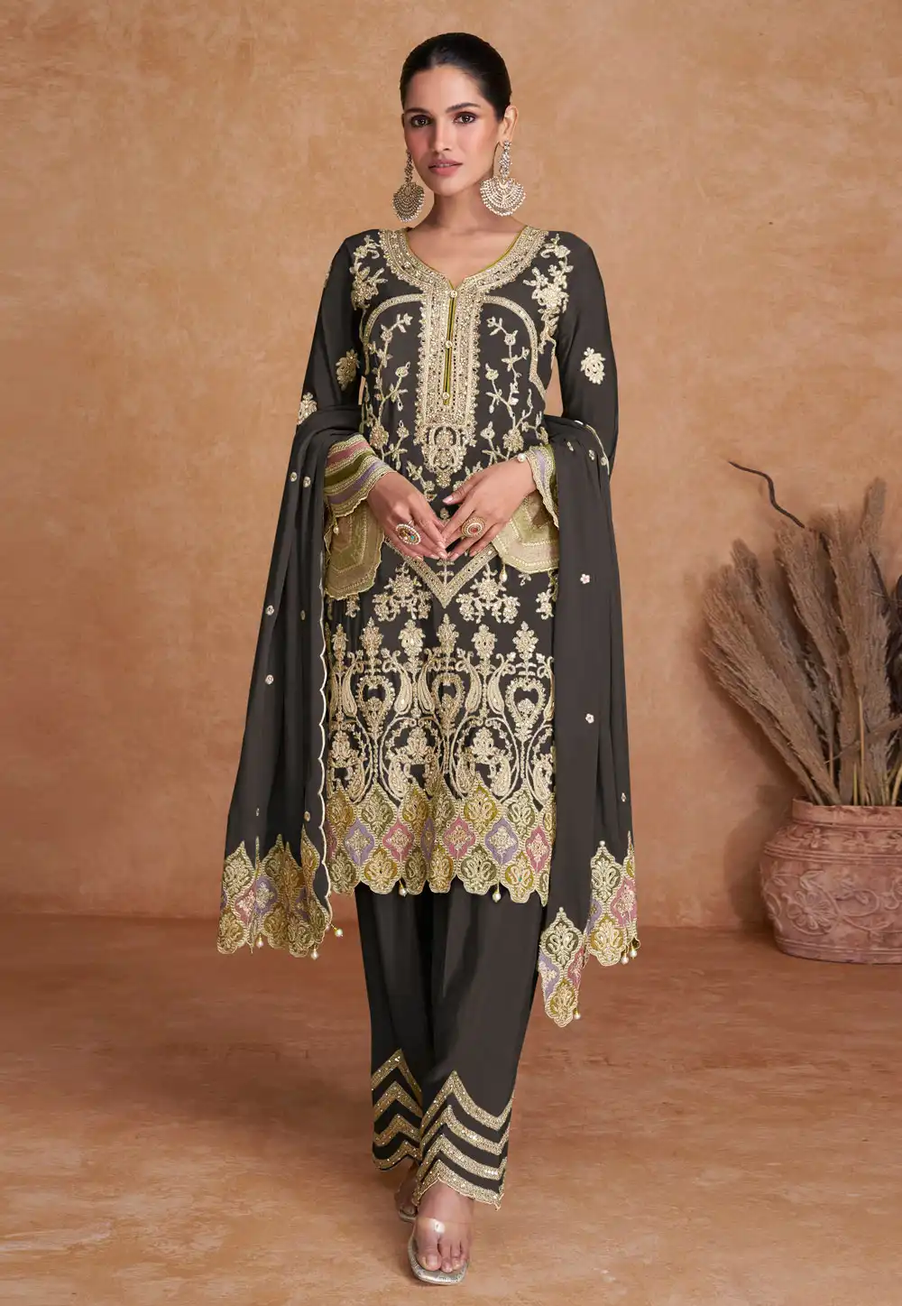 Black Chinon Pakistani Suit 292150